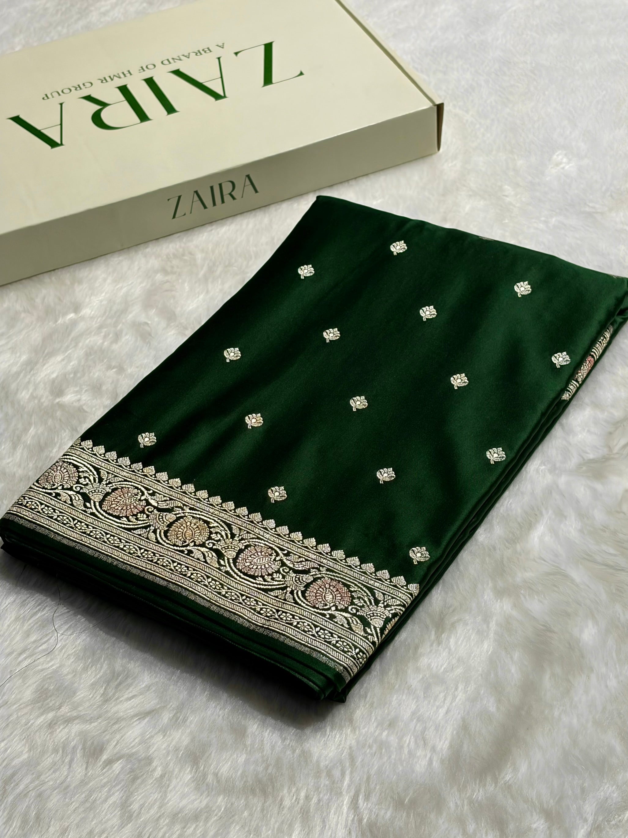 Banarasi Dark Bottle Green Minakari Booti Mashru Silk Saree MS10