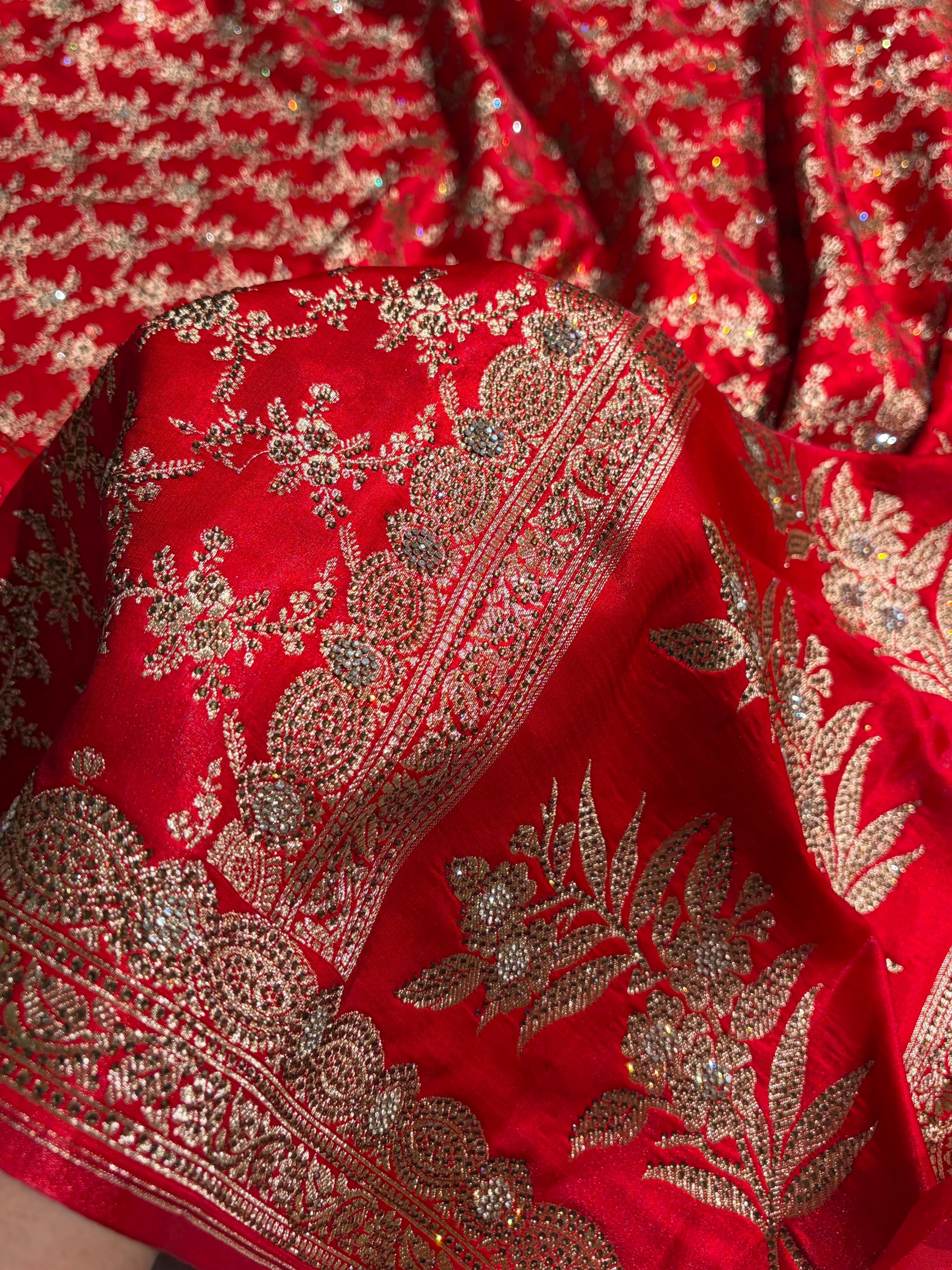 Bridal Red Satin Silk Jaal with Swarovski Stone Work & brocade Blouse BSS16