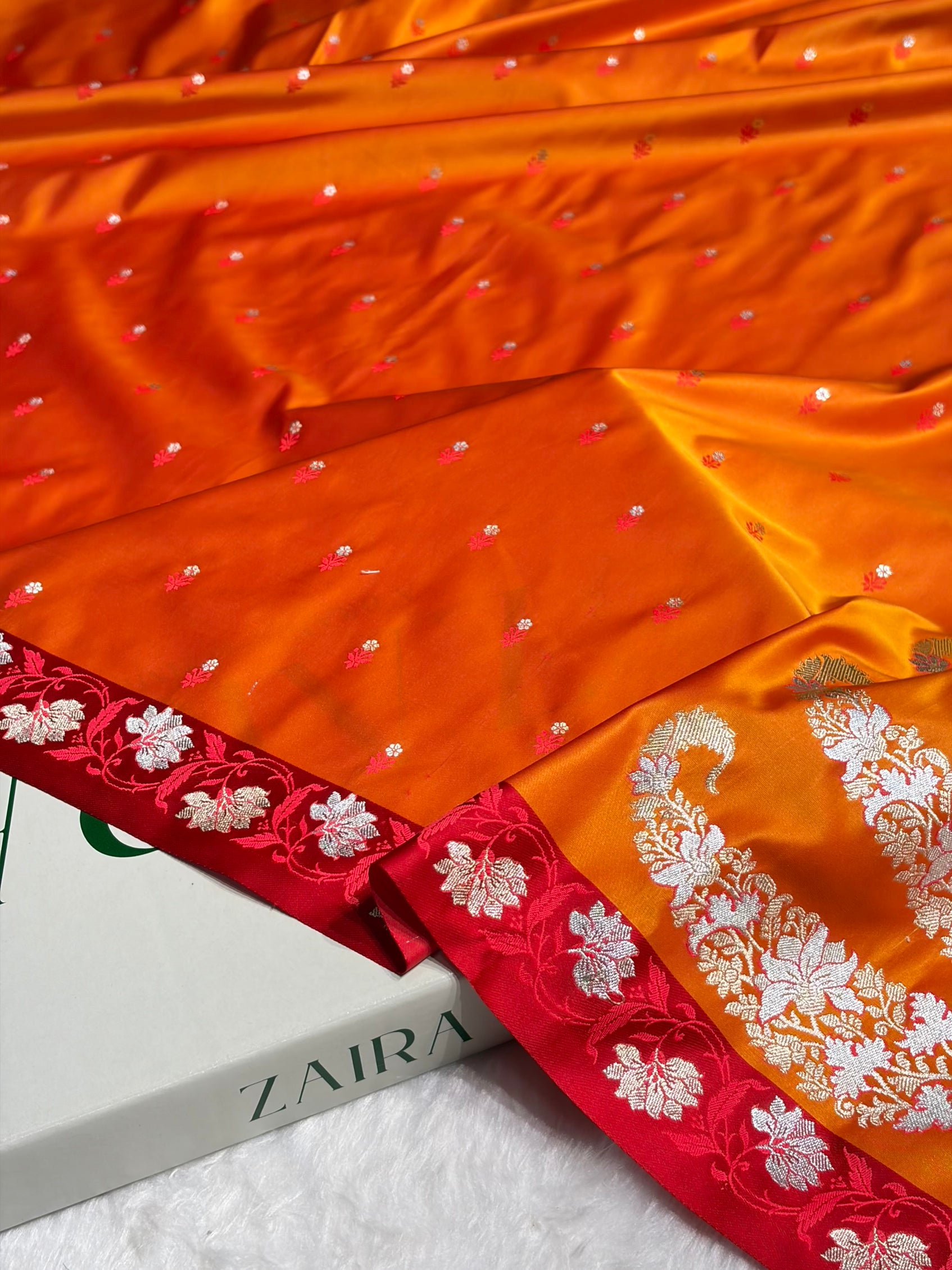 Orange With Red Floral Boota With Floral Border Mashru Silk Saree MSM 78
