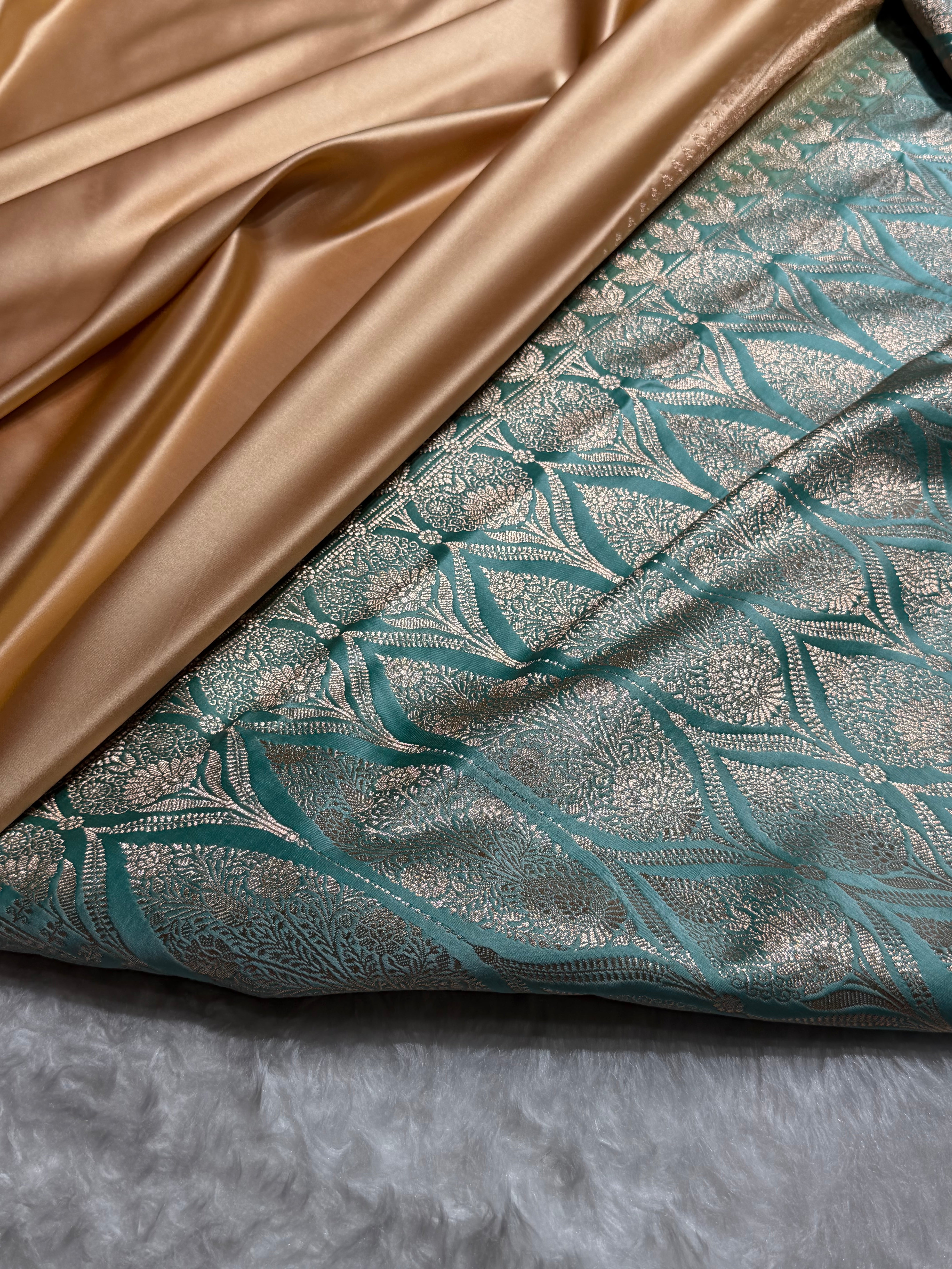 Banarasi Satin Katan Saree in Contrast Tusser / Seagreen SK131