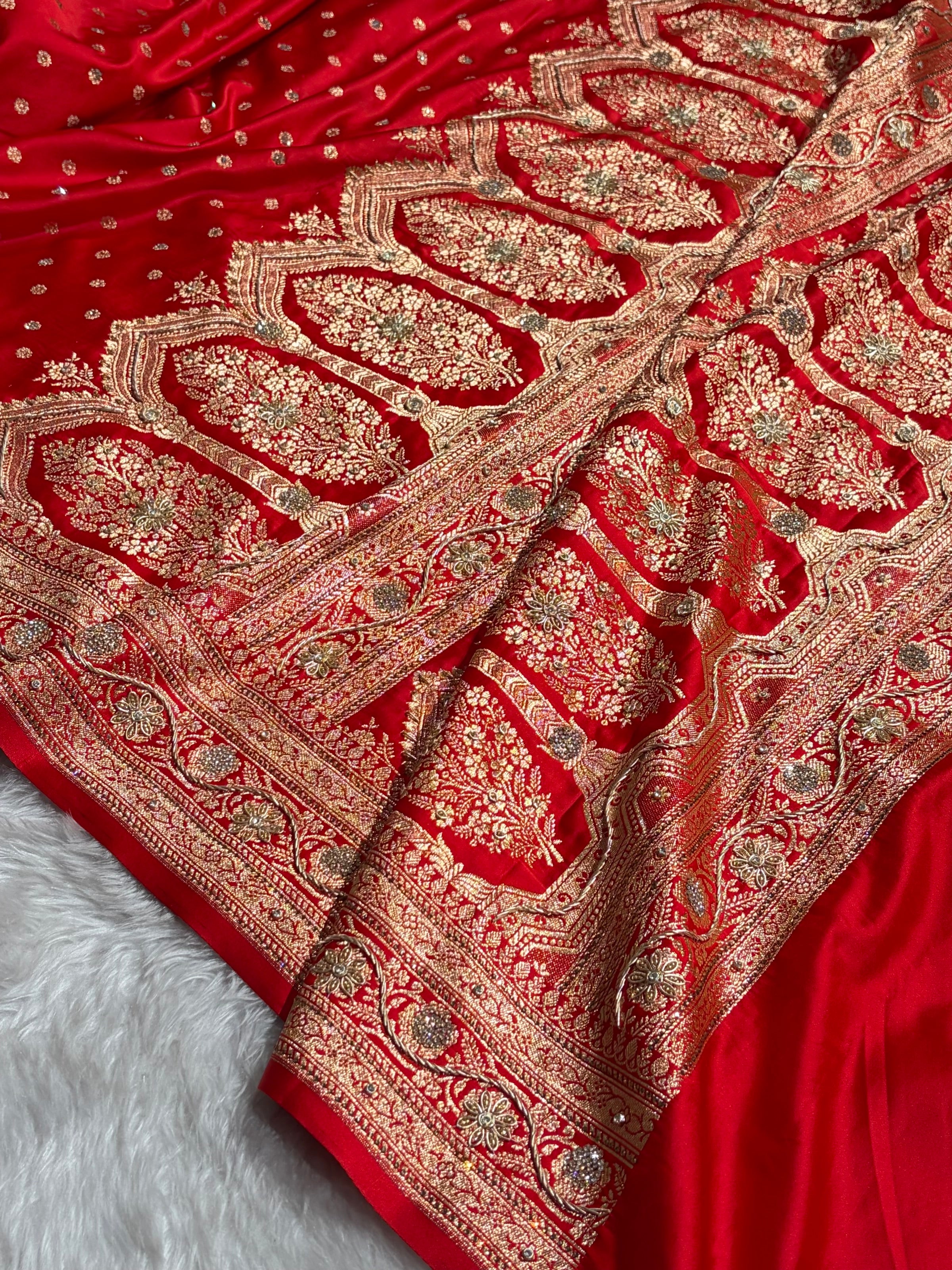 Banarasi Red Katan Silk Saree With Ari Zardozi and Swarovski stone work BSK01