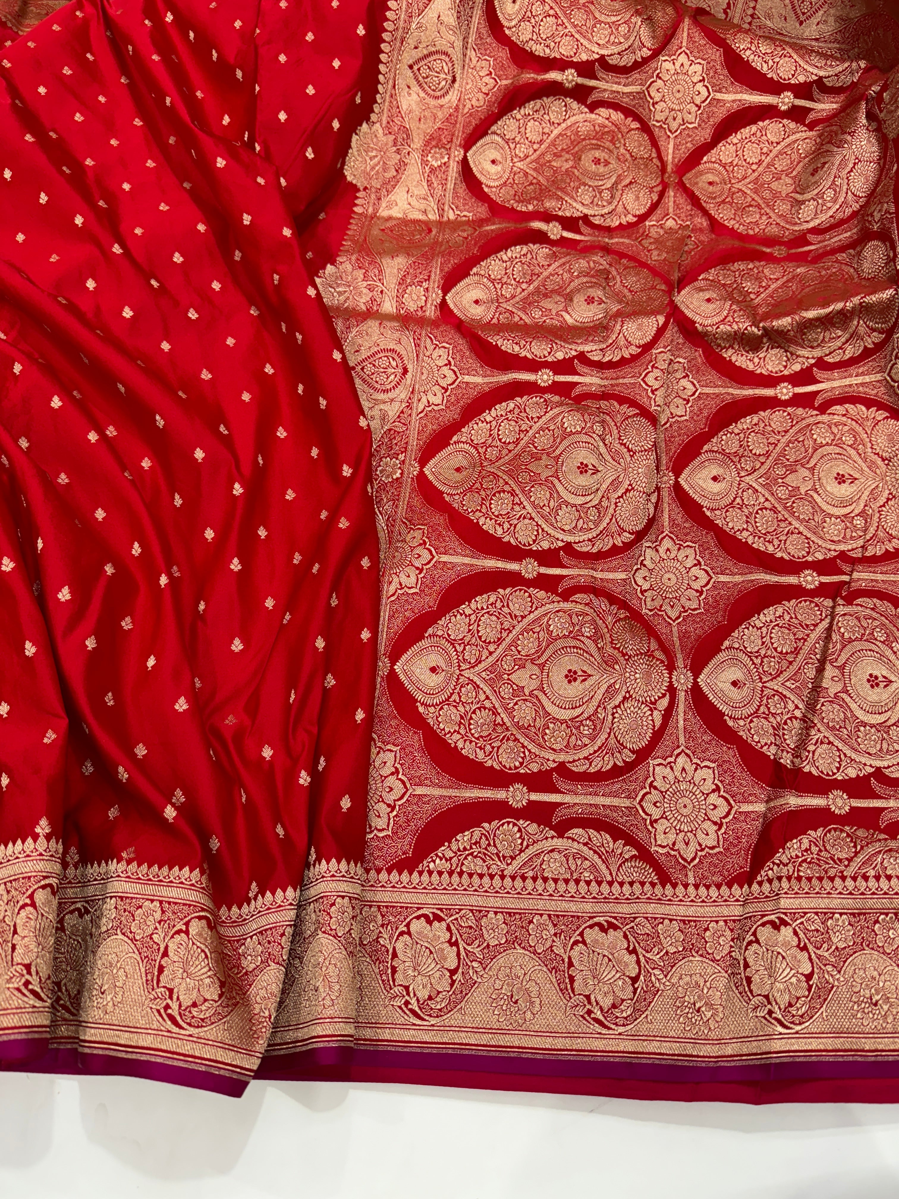 Ruby Red Booti Mashru Silk Saree
