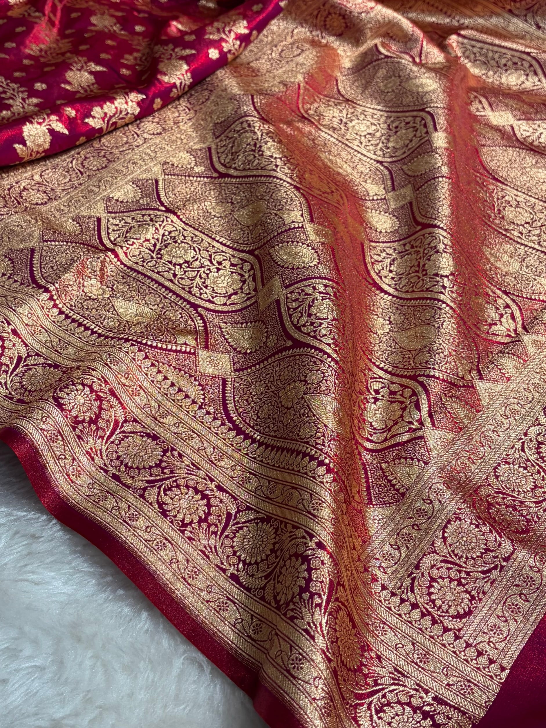 Banarasi Satin Silk Saree Cross with Booti in Magentic Red Shades SS24