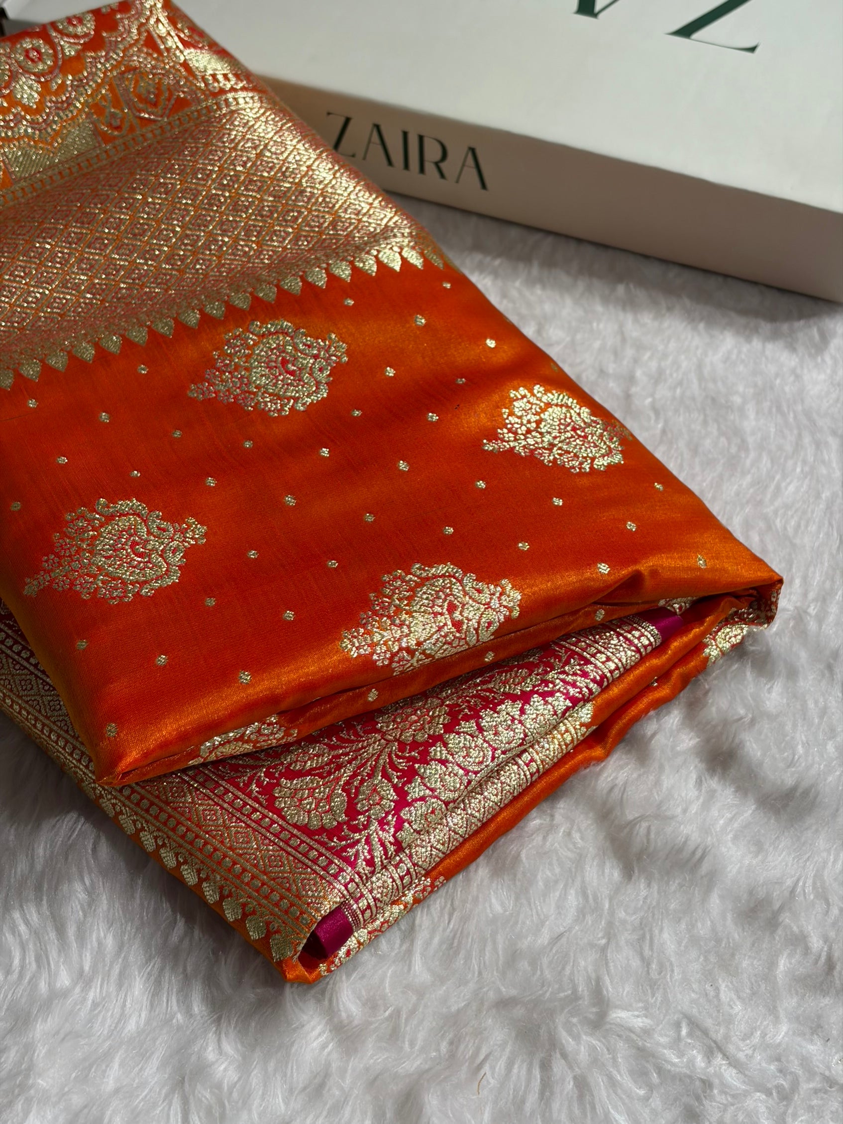 Satin Silk Unique Booti in Contrast Fire Gold With Rani Shades