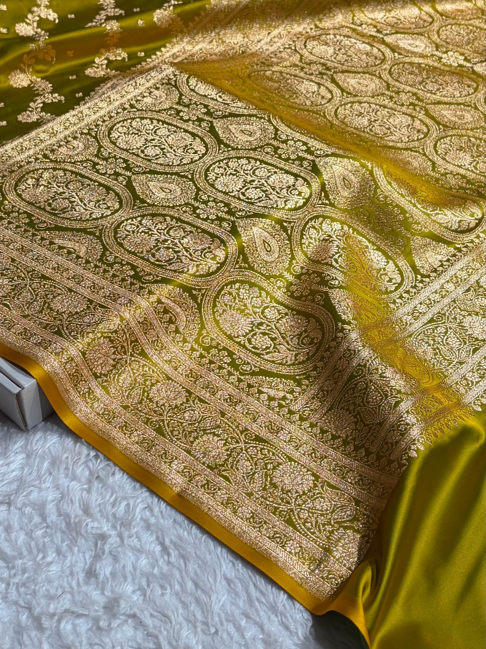 Banarasi Satin Katan Saree With Jaal Pattern in Liril Mehendi Shades SK121