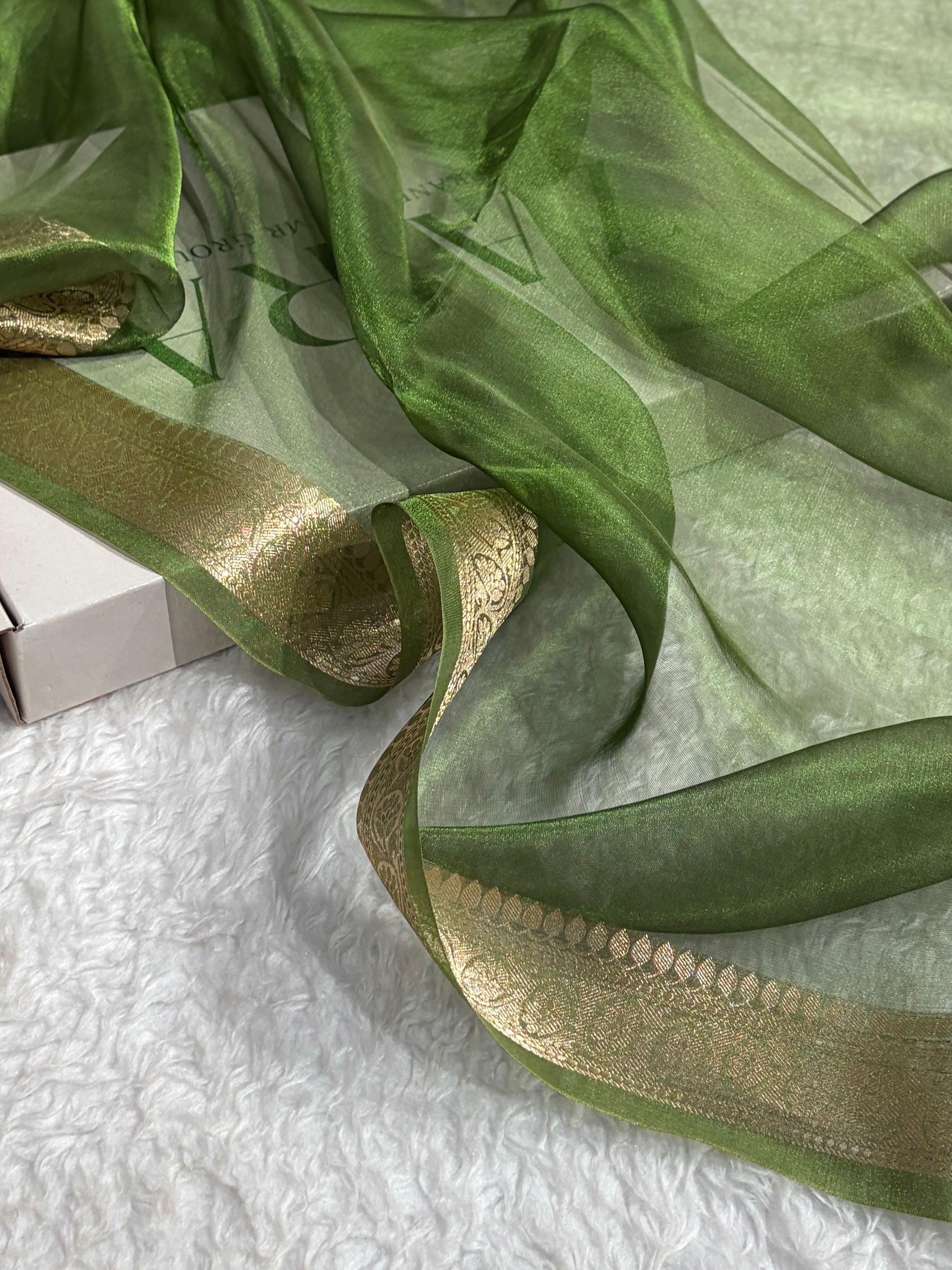 Mehendi Shades Banarasi Pure Tissue Silk Saree with Brocade Blouse PT-09