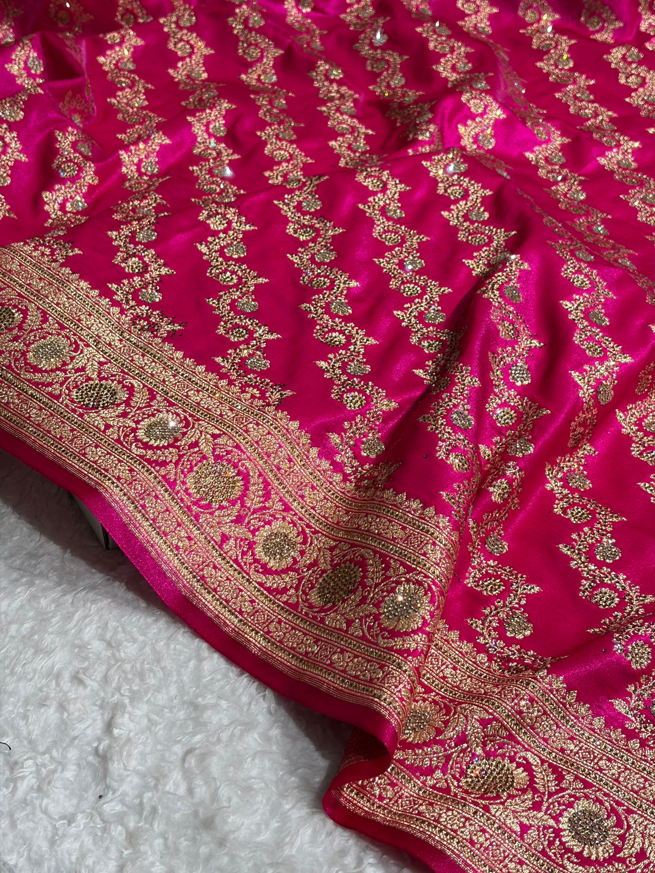 Banarasi Bridal Pink Shades With Swarovski Stone and White Stone Work Satin Silk Saree BSS32