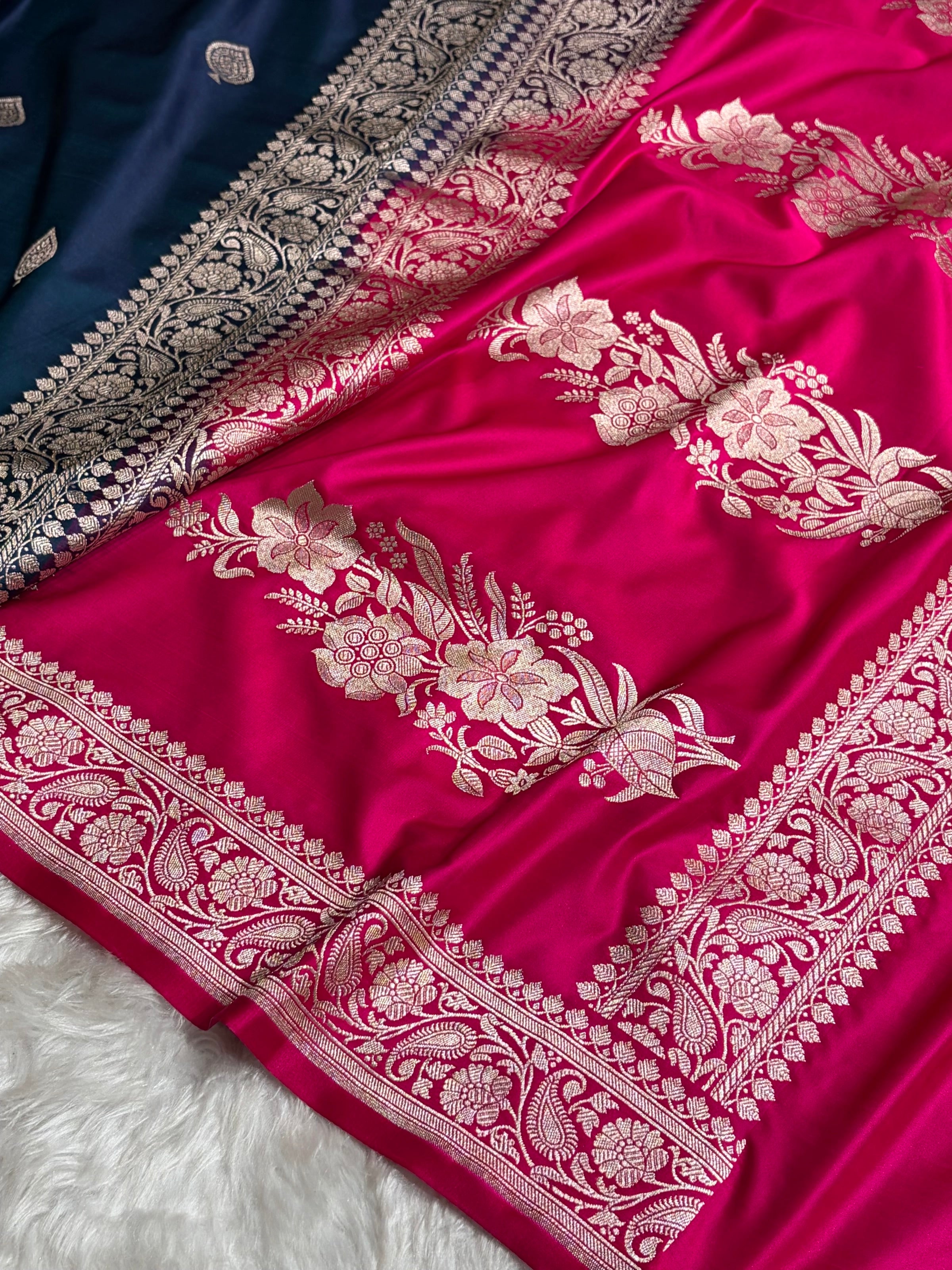 Contrast German Blue / Rani Shades Banarasi Booti Pattern Mashru Silk Saree MSM-140