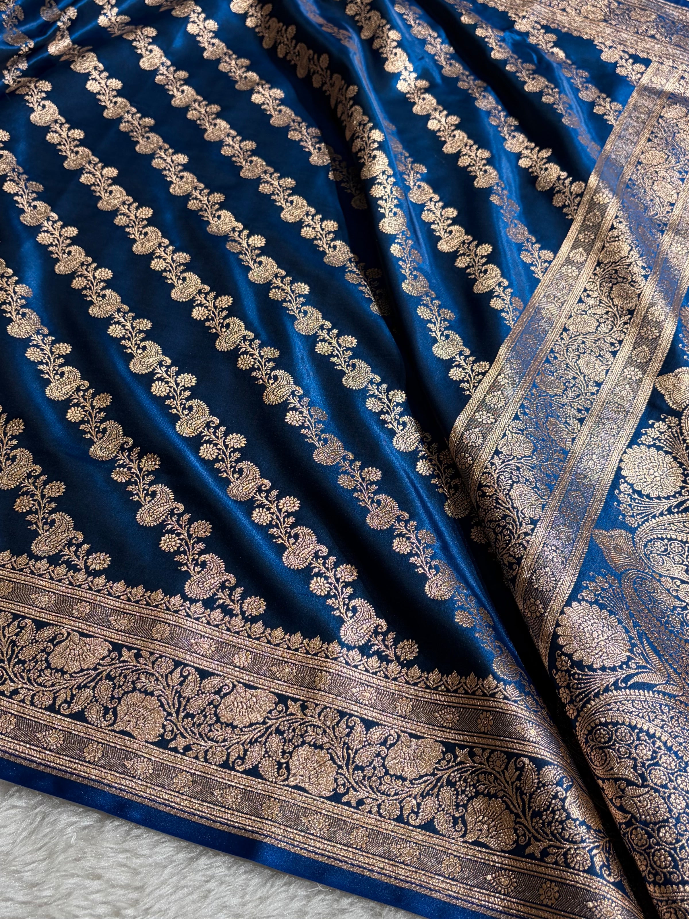 Banarasi German Blue Shades Cross Pattern Banarasi Satin Silk Saree SS51