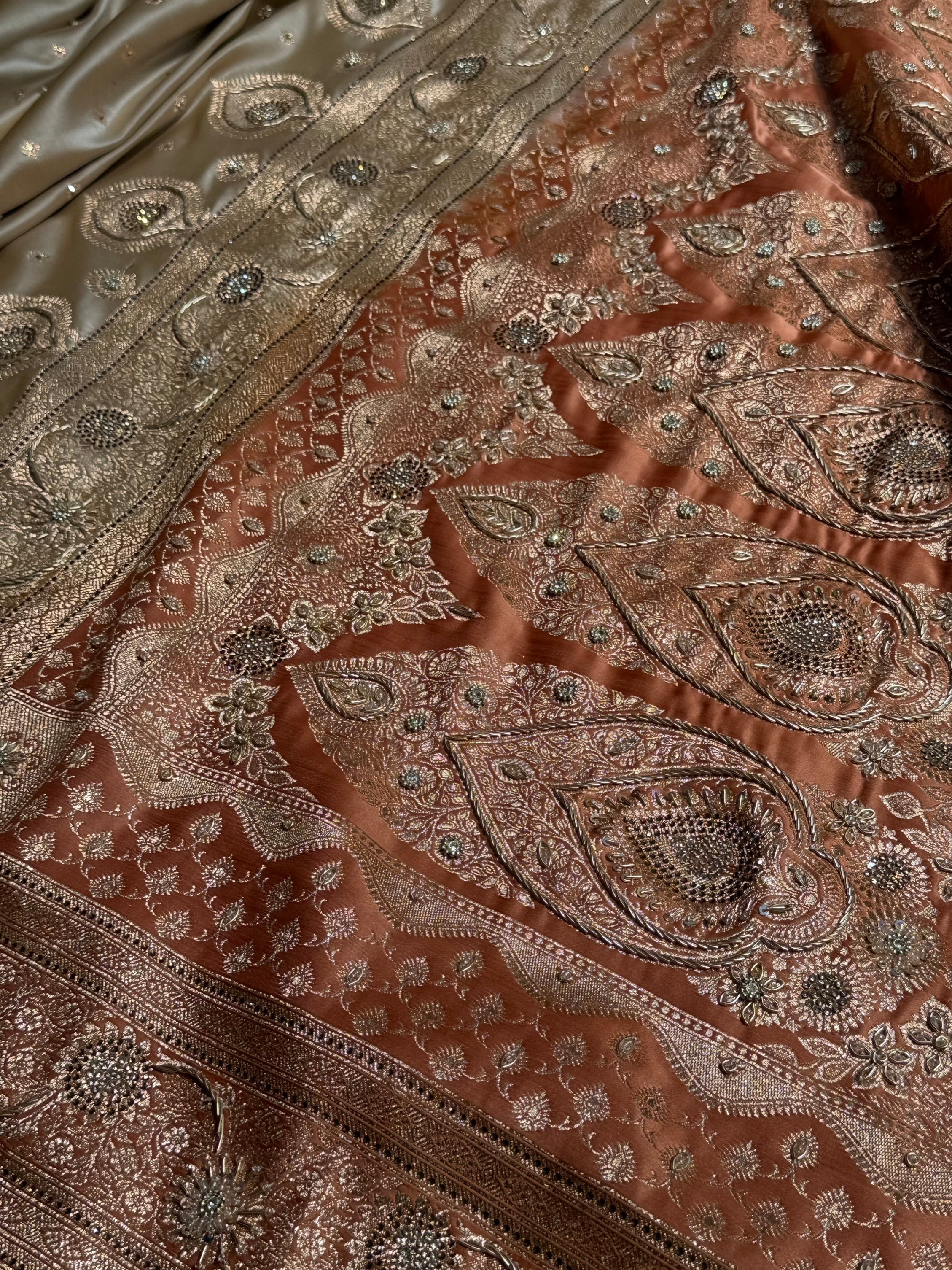 Mustard Tusser With Peach Booti With Ari & Zardozi Work Satin Katan Silk saree BSK29
