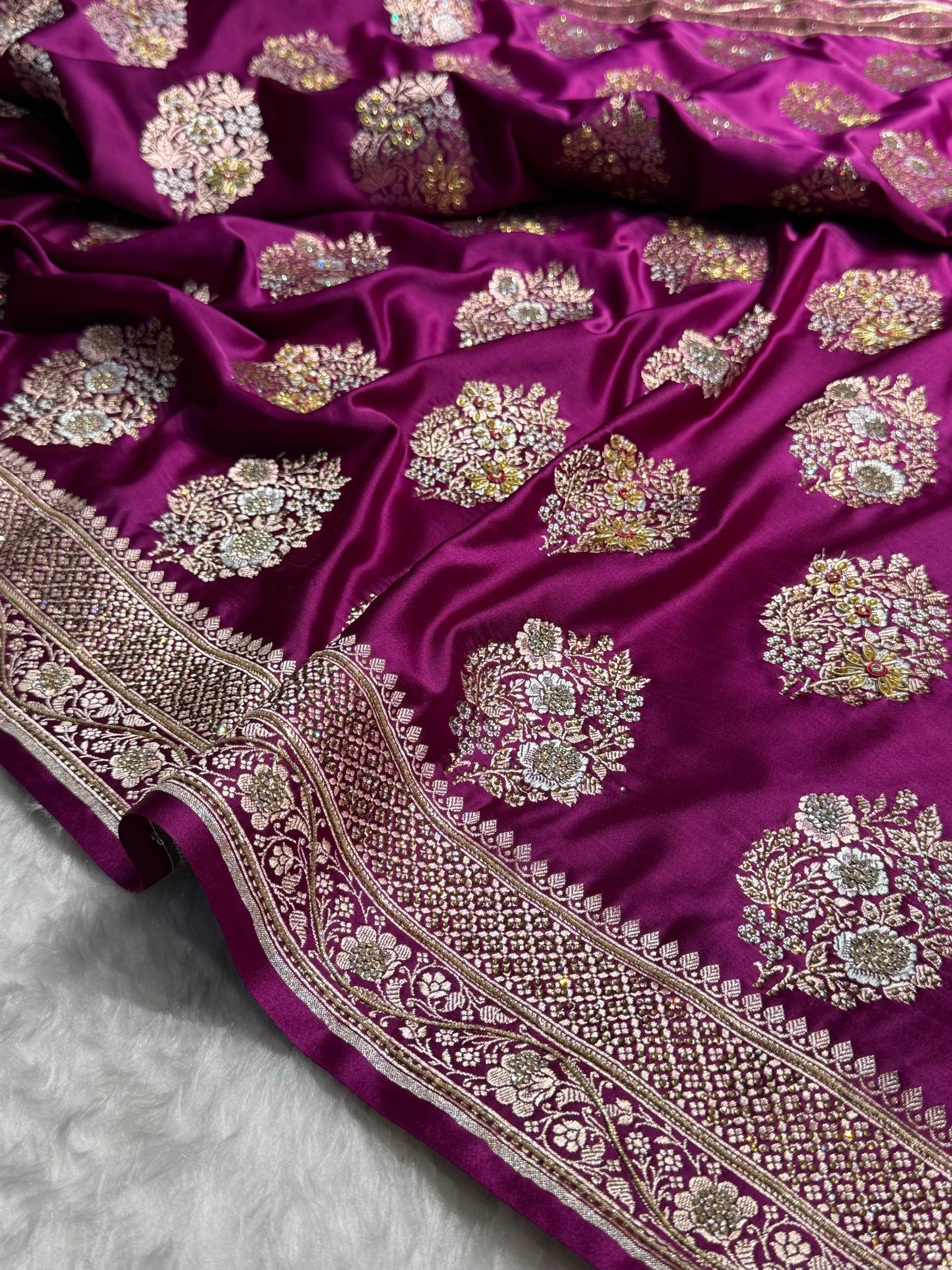 Premium Birdal Banarasi Satin Katan Saree With Swarovski Ari & Zardozi Work Minakari Boota in Wine Shades BSK93