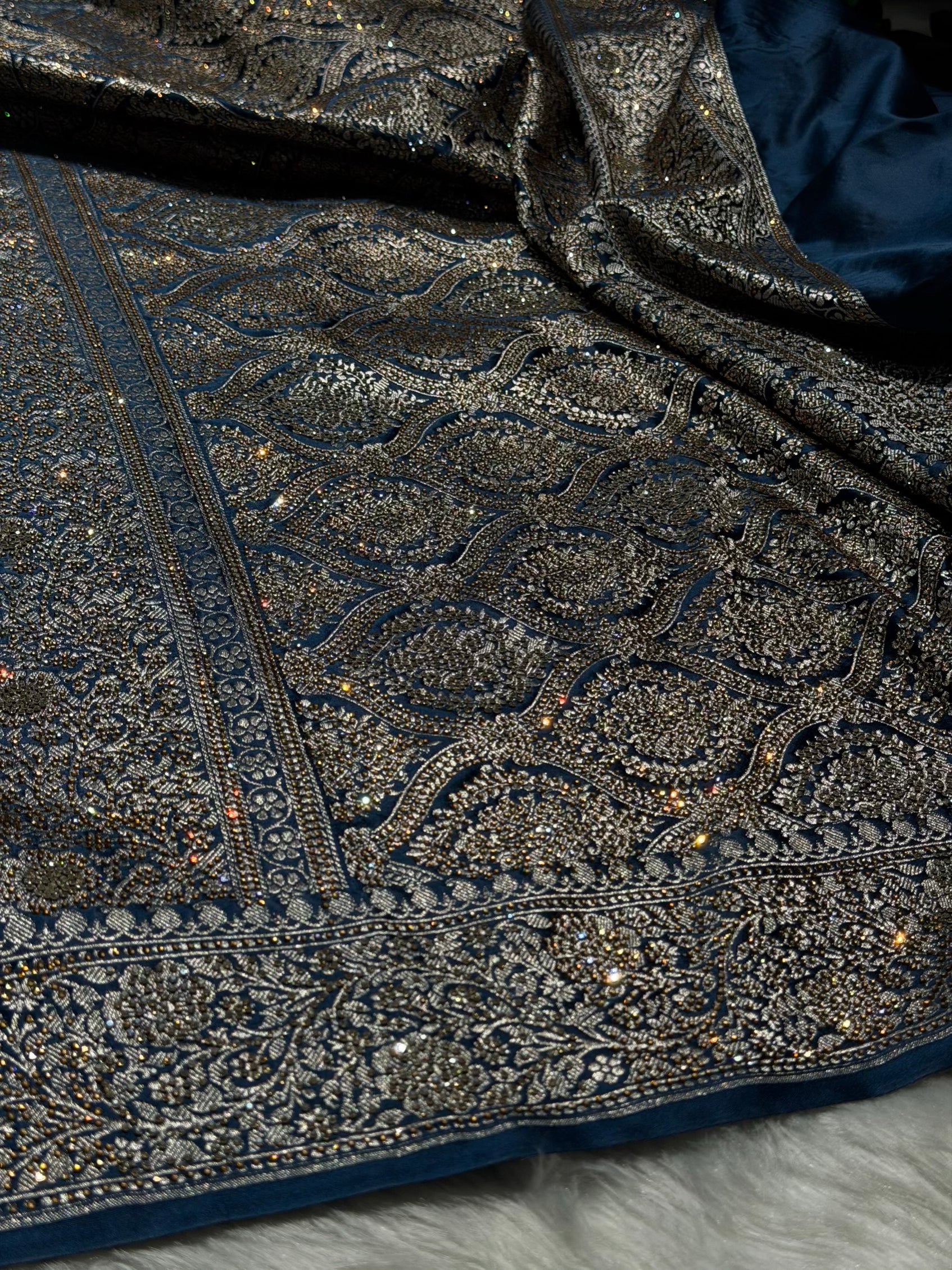 German Blue With Swarovski Work Booti Mashru Silk Saree BMS40