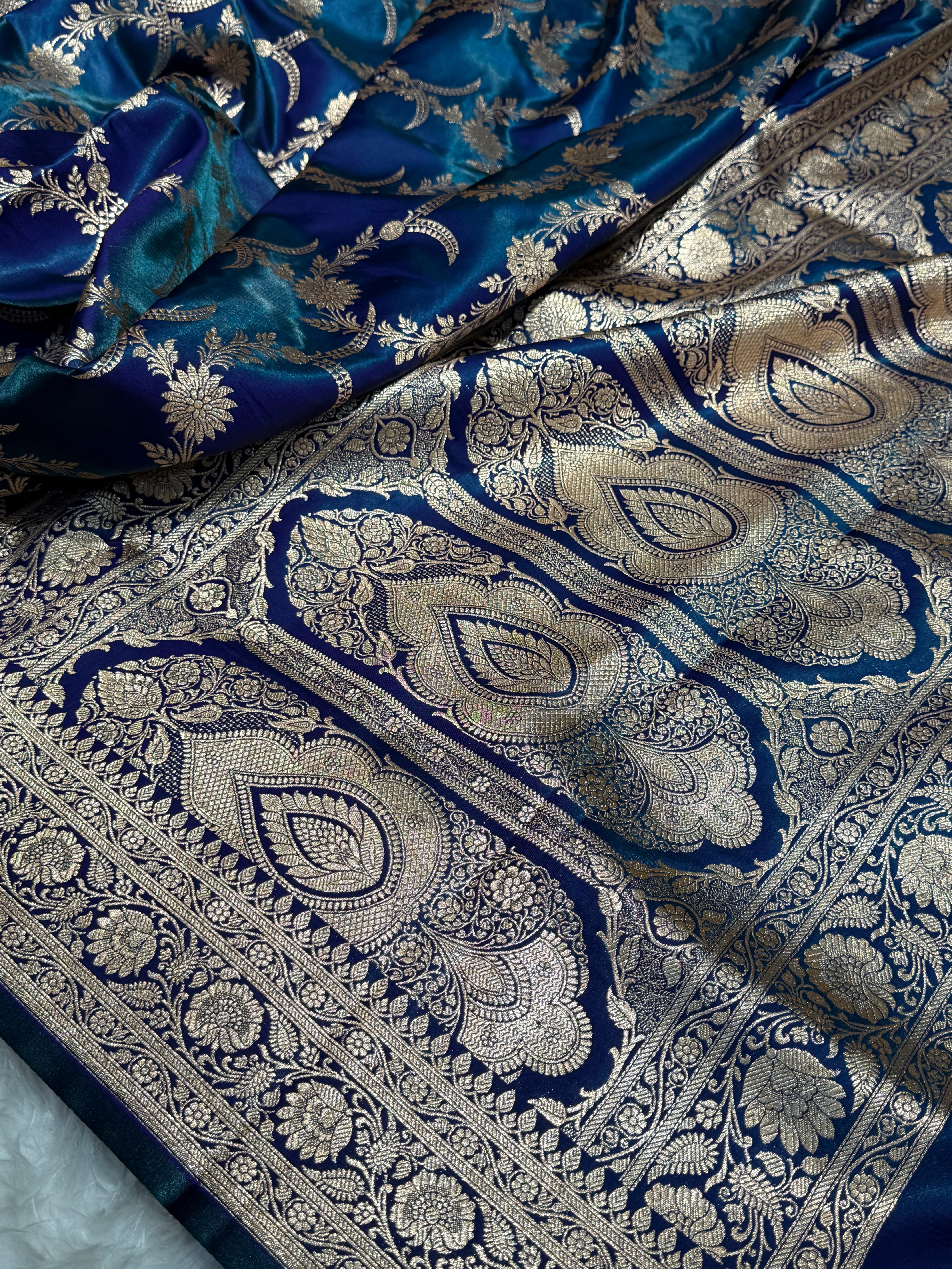 Satin Silk Banarasi Jaal In Peacock Shades SS18