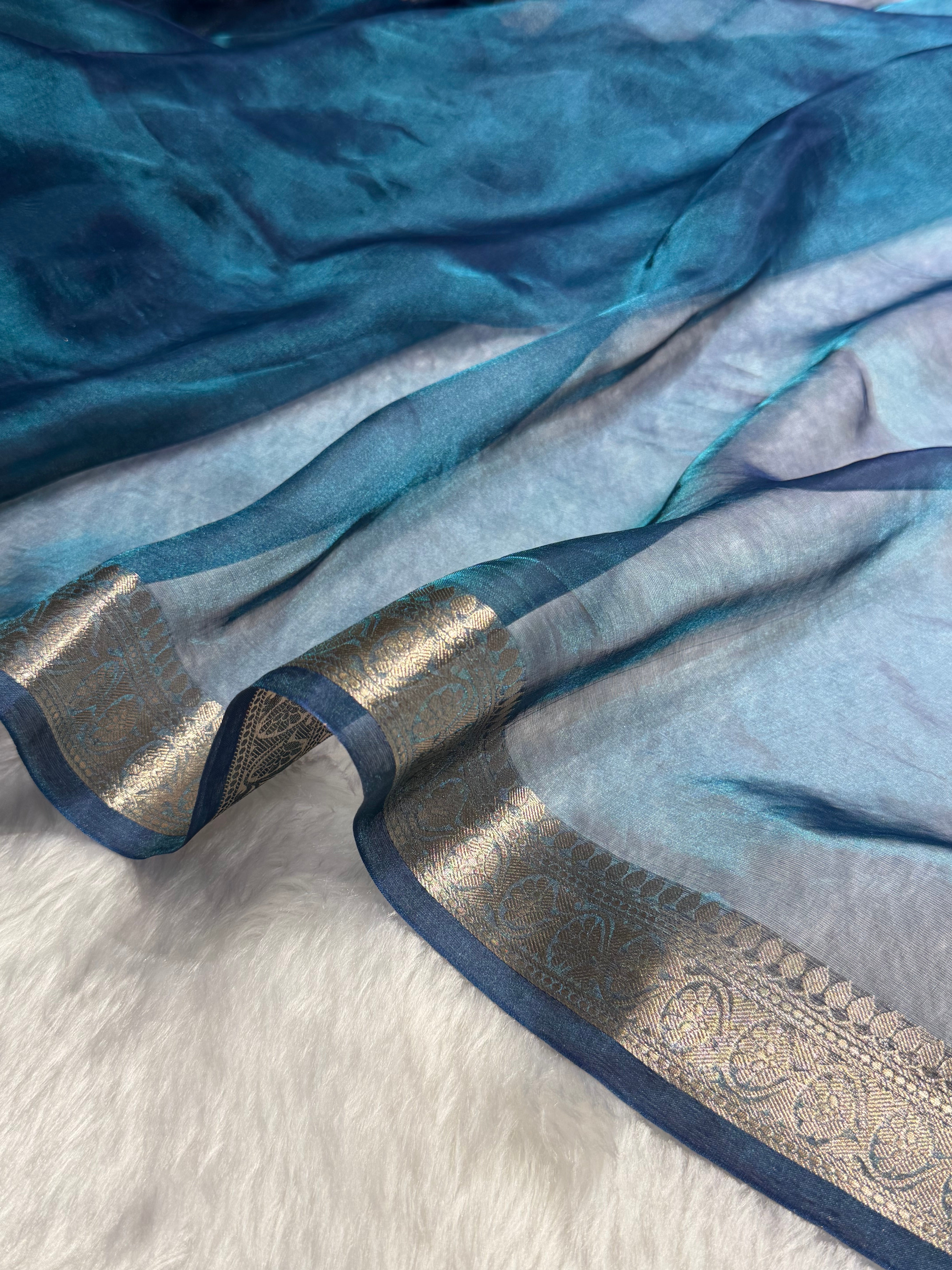 German Blue Tissue Silk Saree with Brocade Blouse PT-09