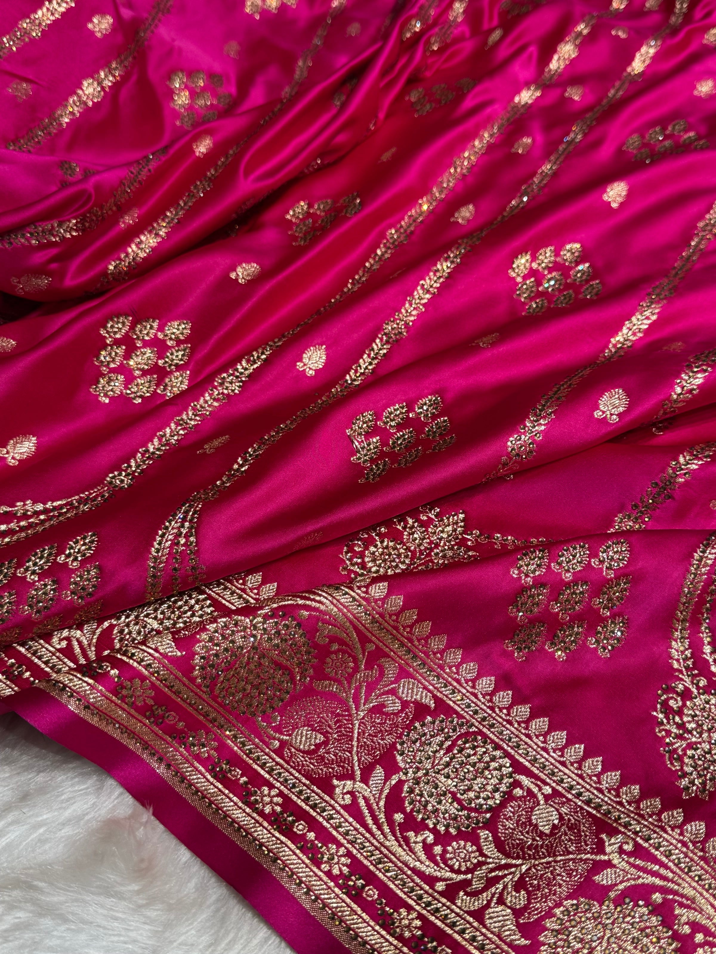 Rani Floral Boota Pattern With Siroski Stone Work Satin Katan Silk saree BSK39