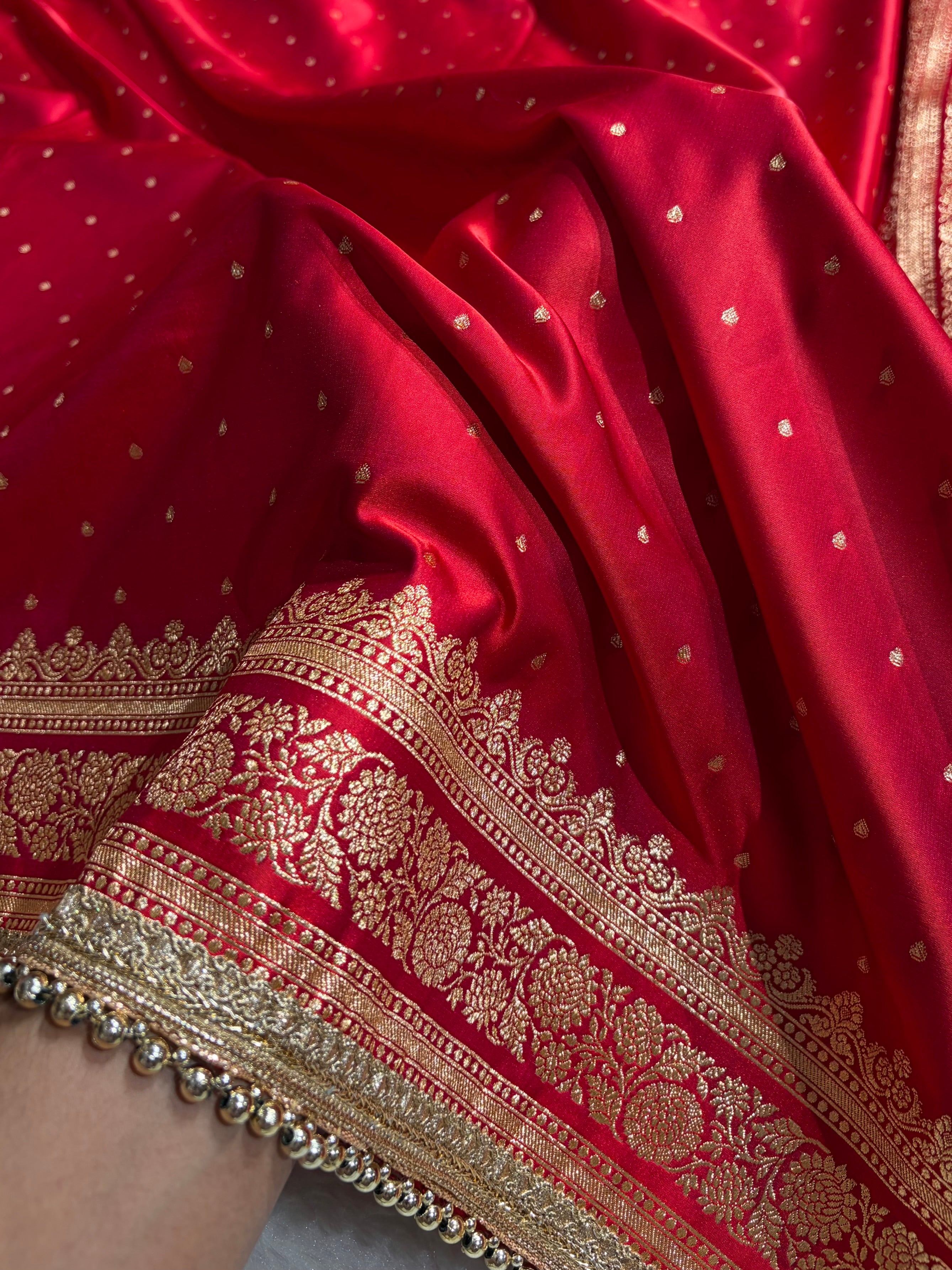 Banarasi Satin Katan Saree With Gotta Patti Work in Cross Red Shades SKGP91