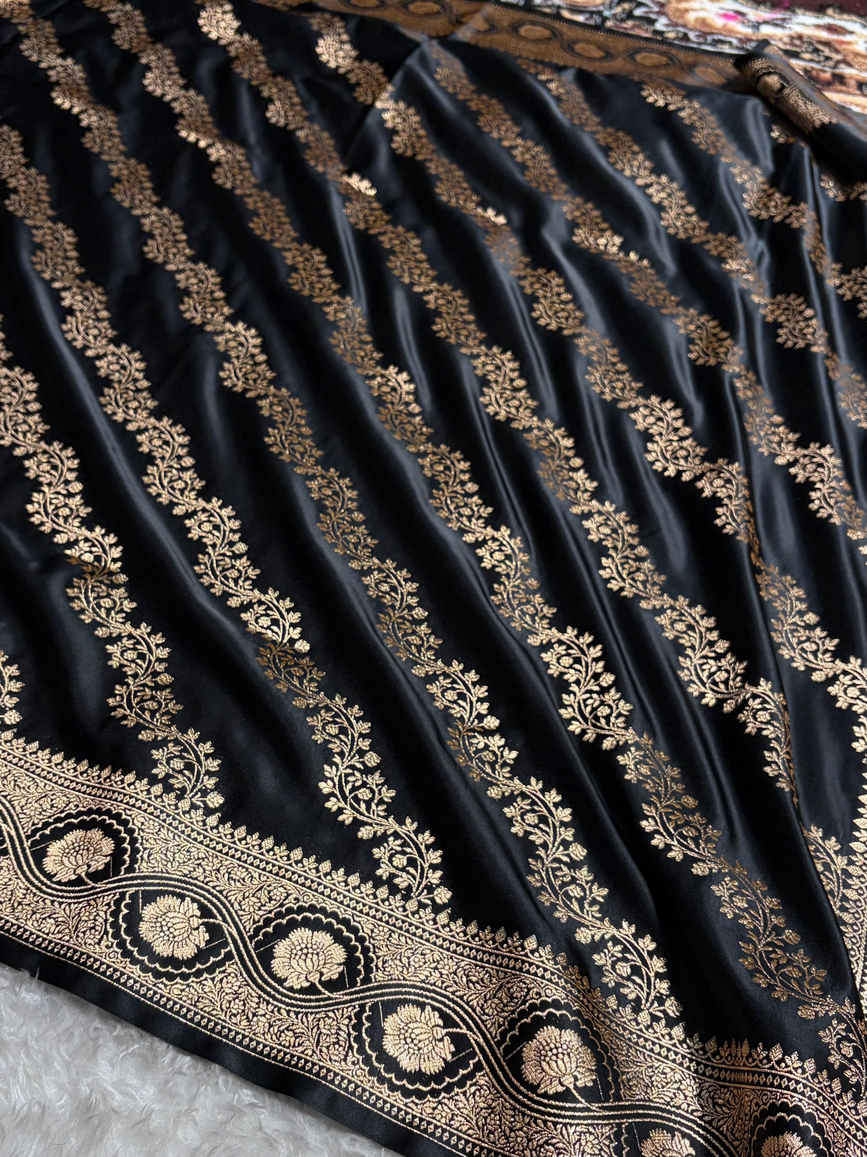 Black Floral Cross Pattern Satin Katan Silk Saree SK74