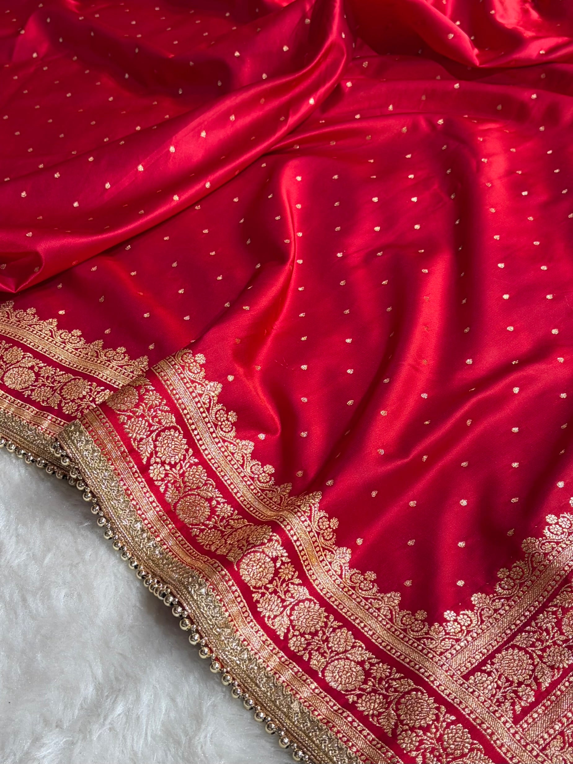 Banarasi Satin Katan Saree With Gotta Patti Work in Cross Red Shades SKGP91