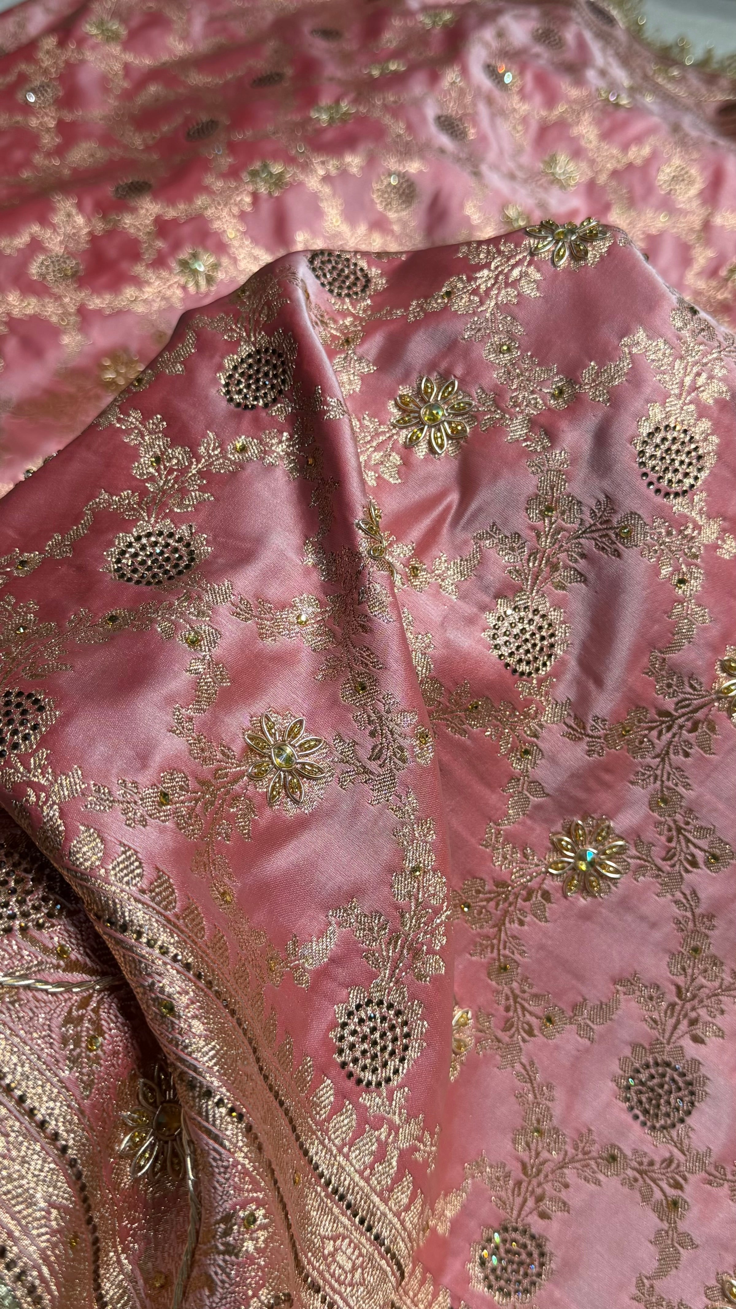 Baby Pink Swavroski & Zardozi Work With Gotta Patti Jaal Pattern Satin Katan Silk Saree BSKGP25