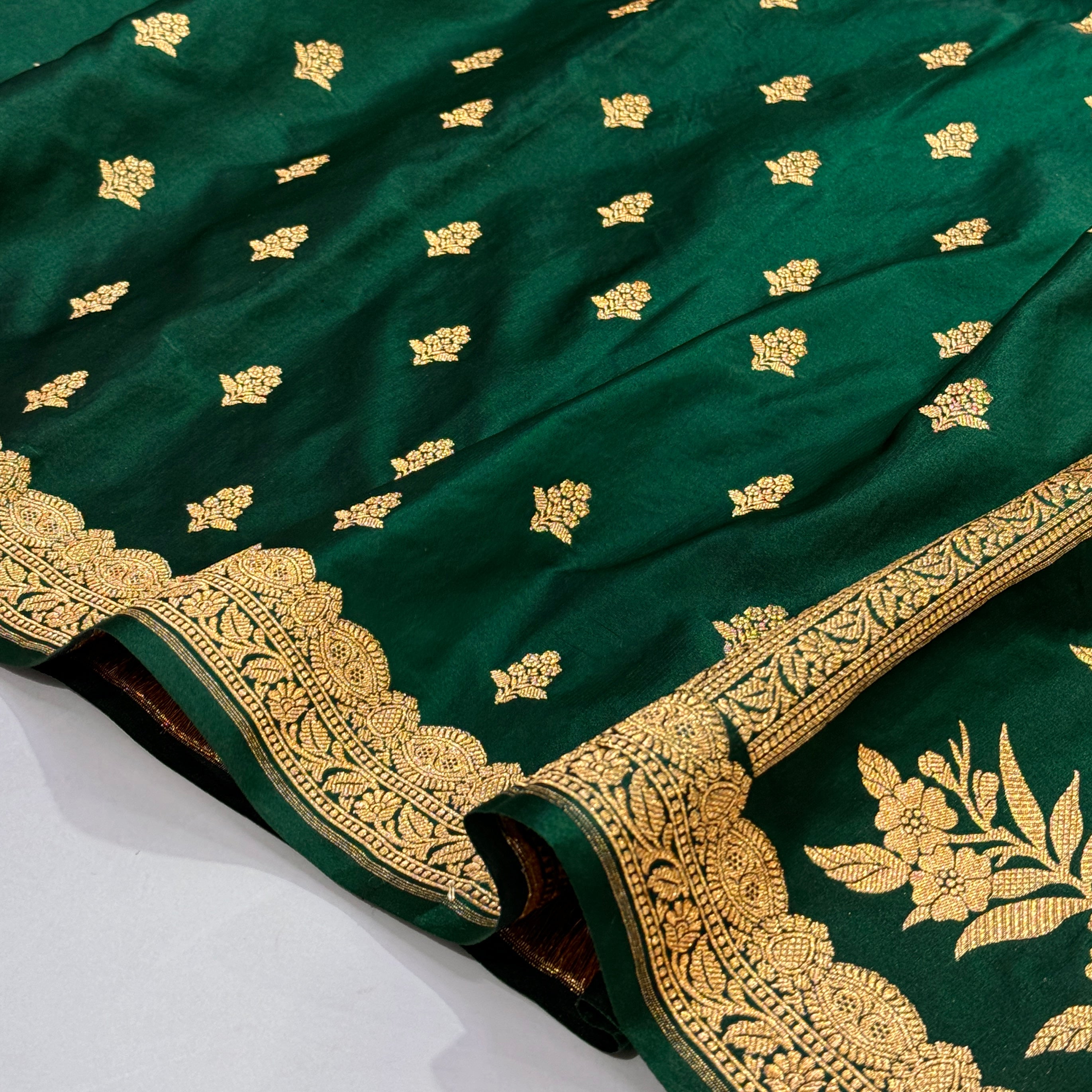 Light Wight Satin Silk Boota in Bottle Green with brocade Blouse SS07