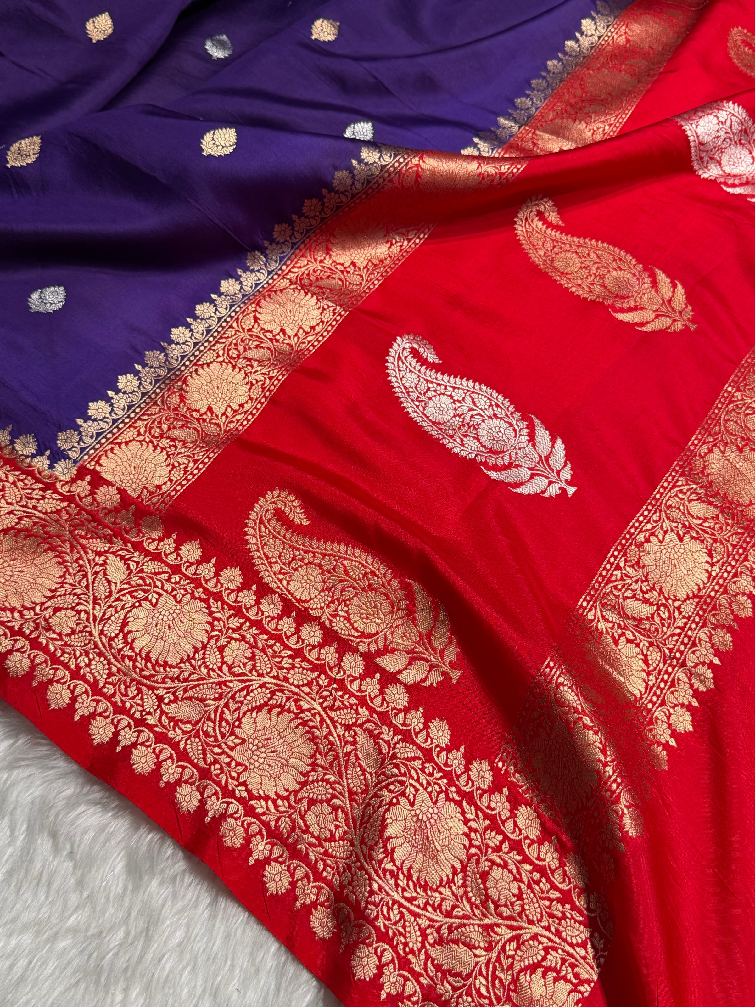 Contrast Purple With Red Boota Handwoven Pure Katan Raw Mango Silk RM-33