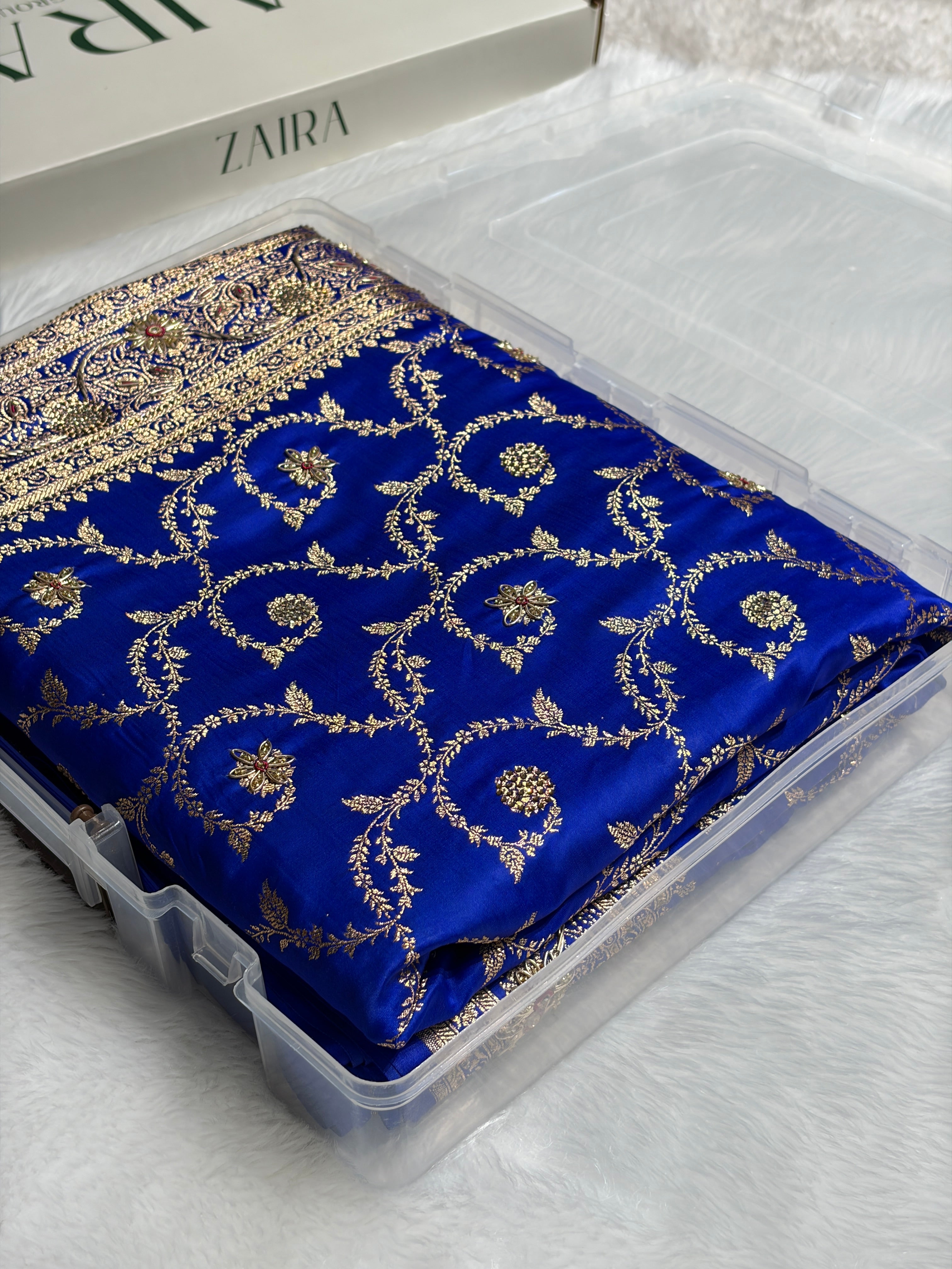 Royal Blue Shades Floral With Zardozi Work In Jaal Pattern Satin Katan Silk saree BSK55