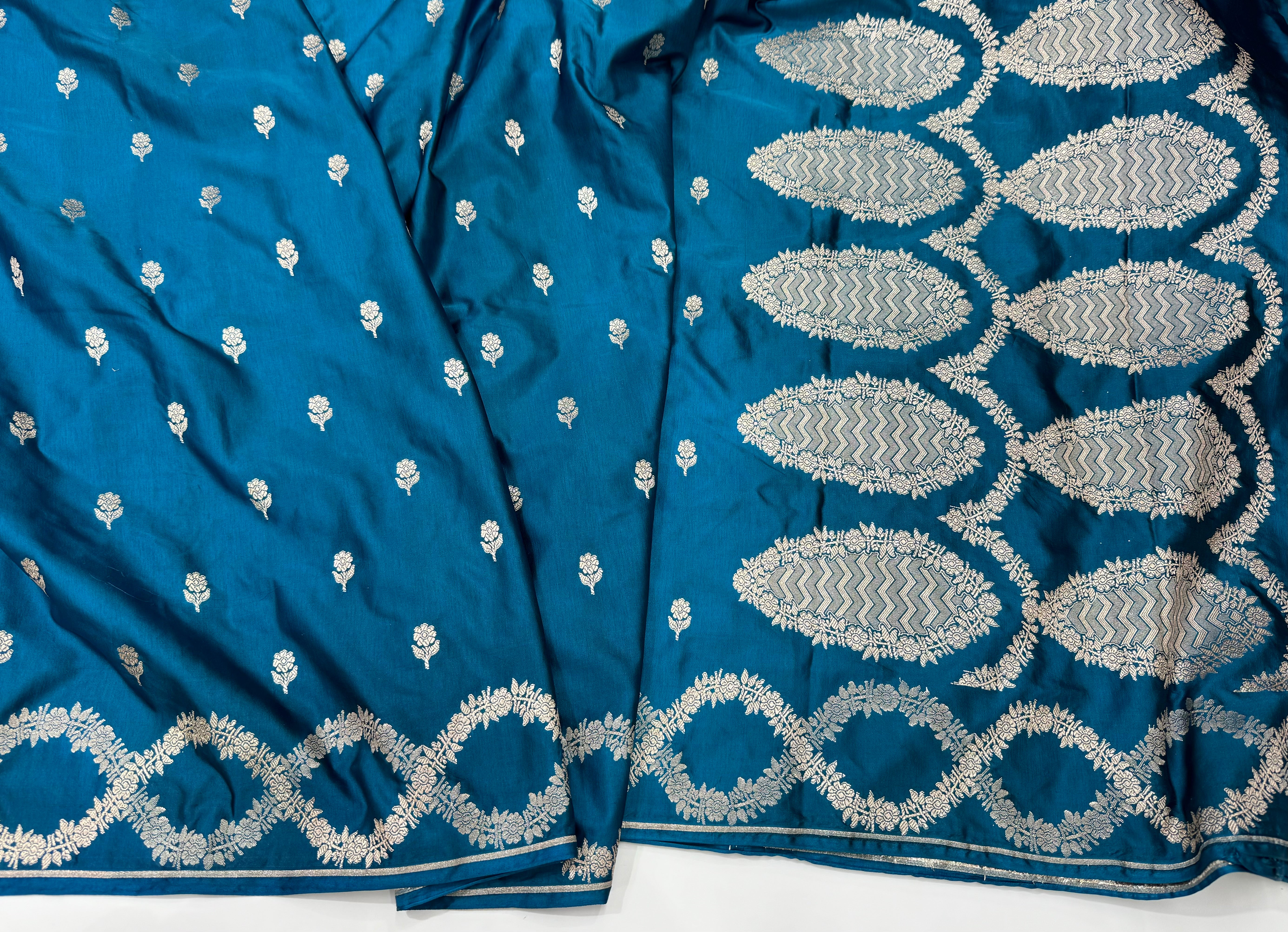 German Blue Scallop Mashru Silk Saree