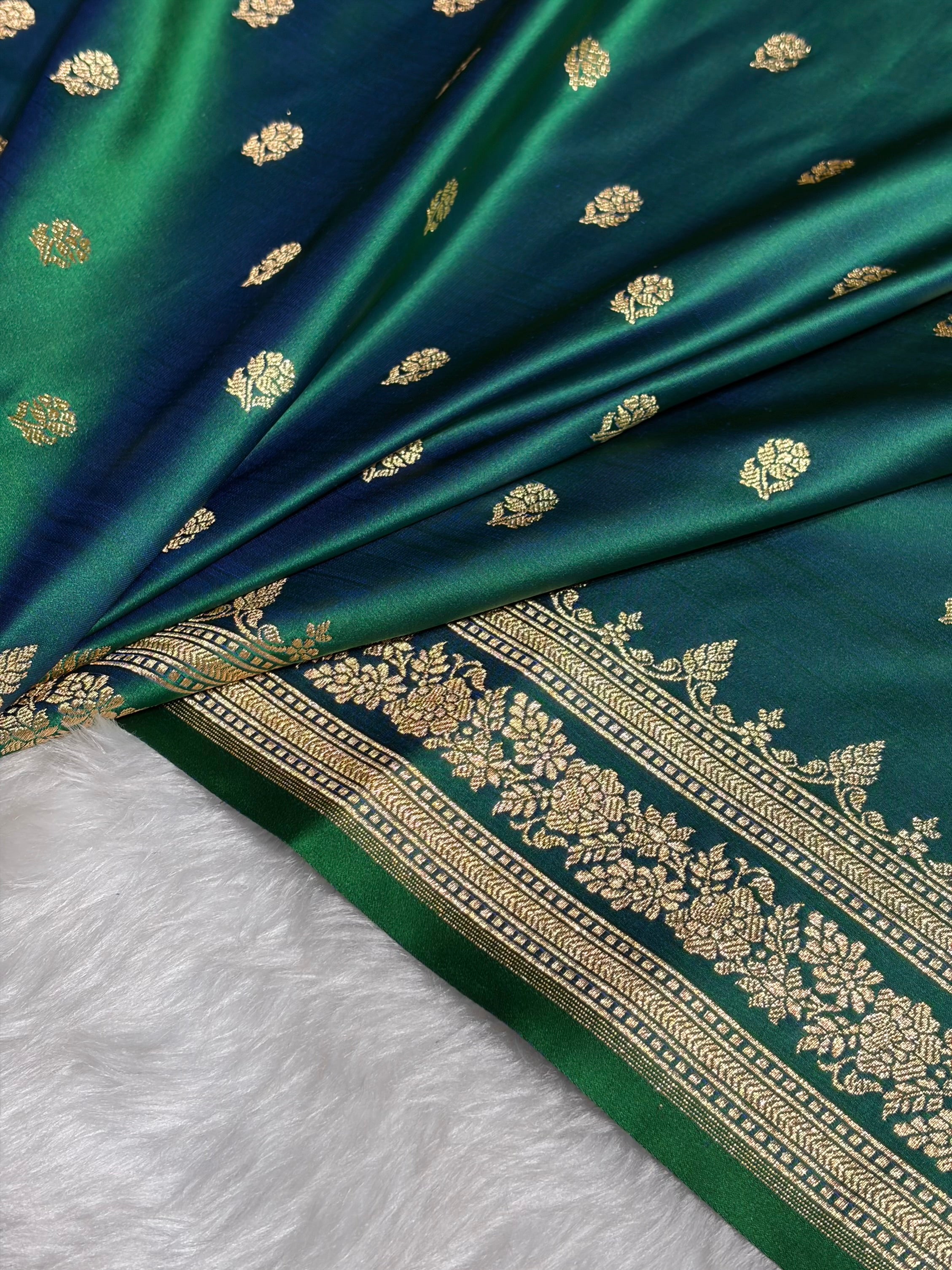 Cross Green Floral Pattern Satin Katan Silk Saree SK76