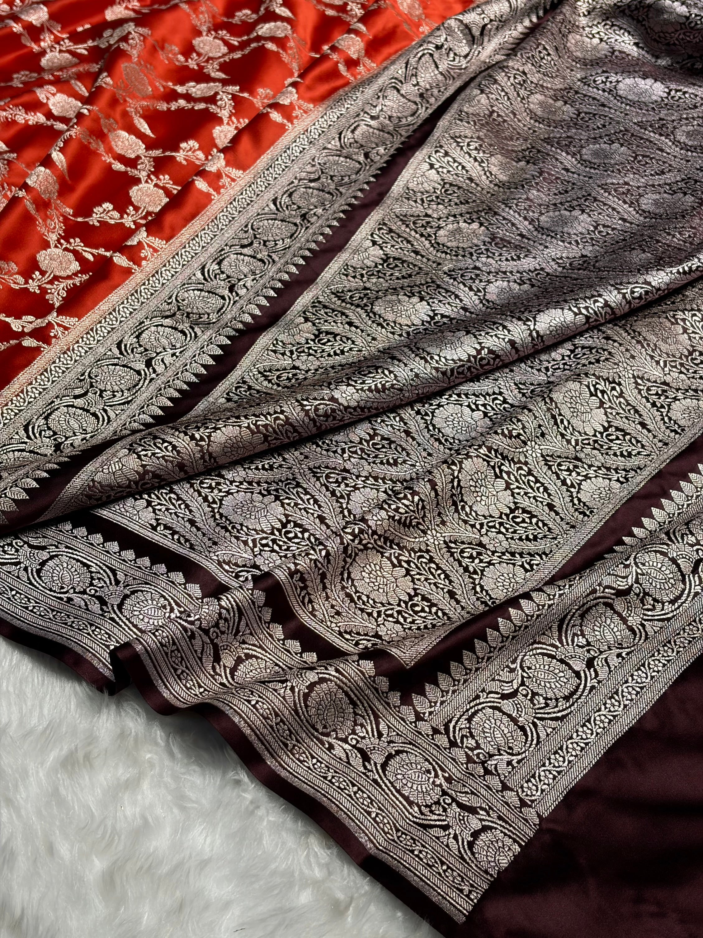 Contrast Orange With Garnet Shades Floral Jaal Pattern Mashru Silk Saree MS76