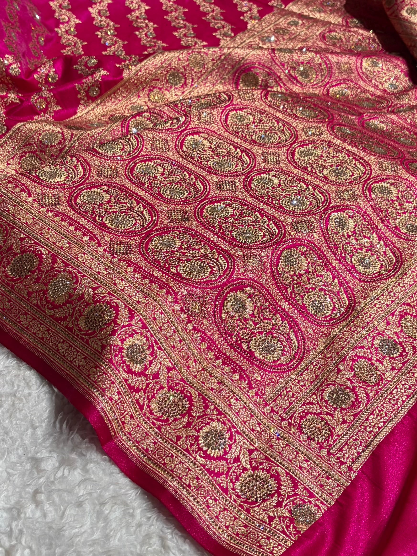 Banarasi Bridal Pink Shades With Swarovski Stone and White Stone Work Satin Silk Saree BSS32