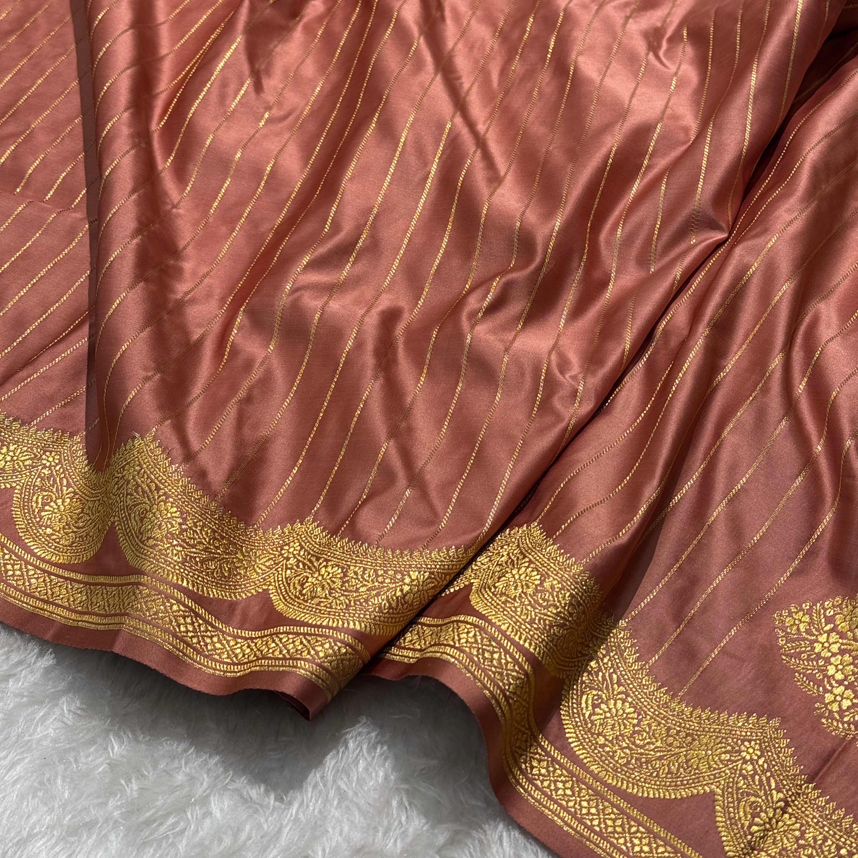 Dusty Peach Scallop Strip Mashru Silk Banarasi Saree MSS5