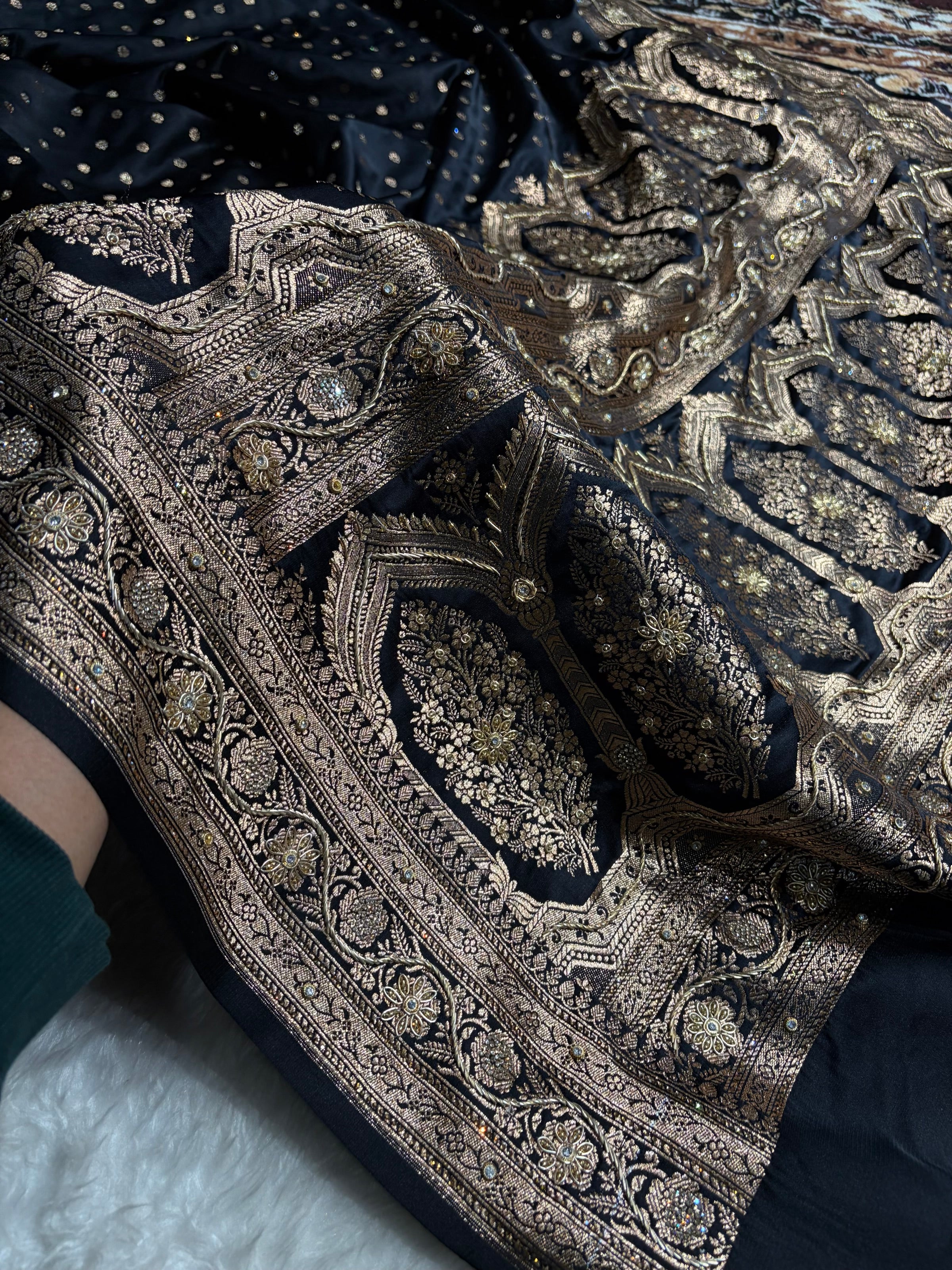 Banarasi Black Katan Silk Saree With Ari Zardozi and Swarovski stone work BSK01