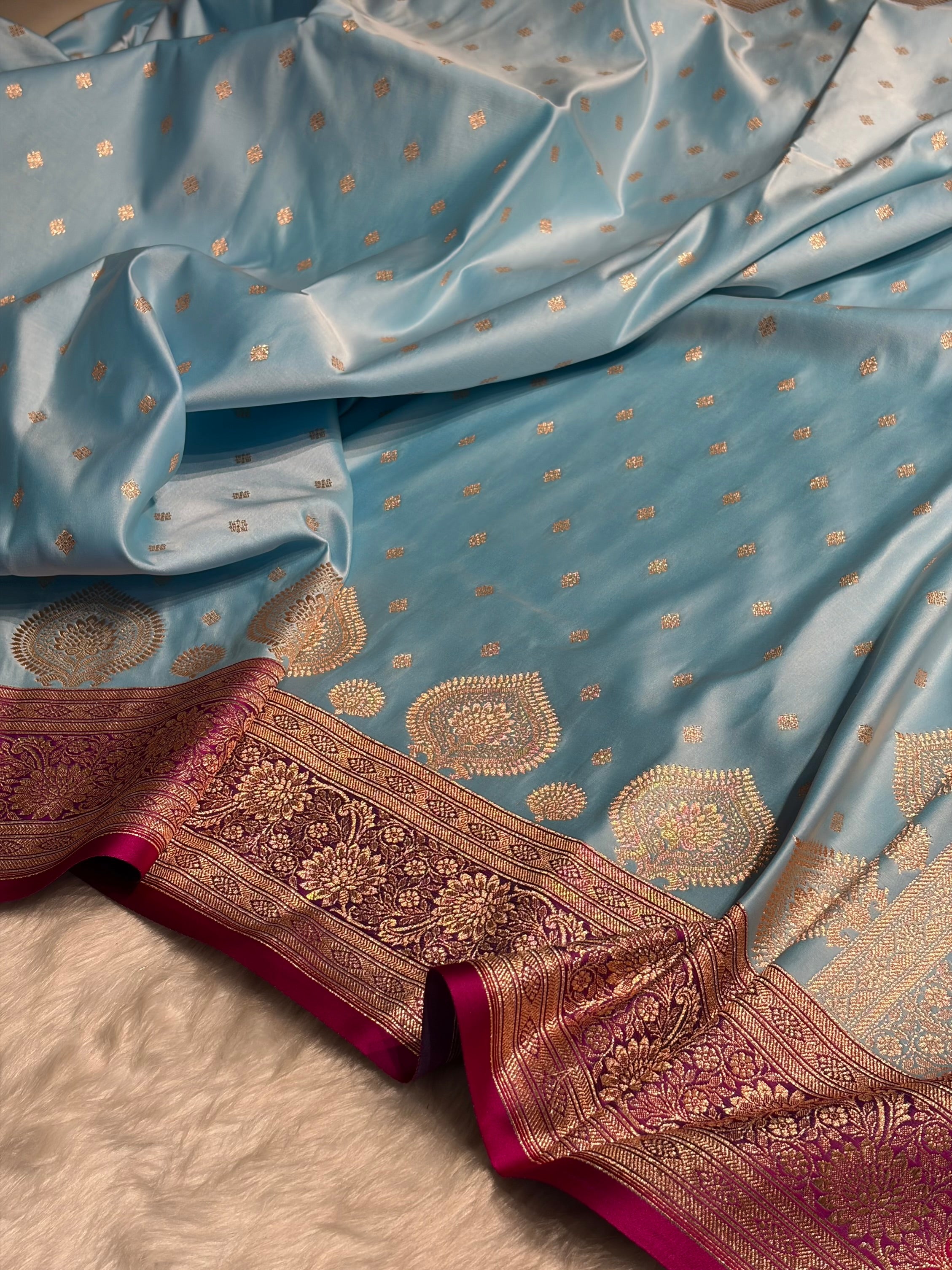 Sky blue with Rani Booti Satin Katan Silk saree SK29