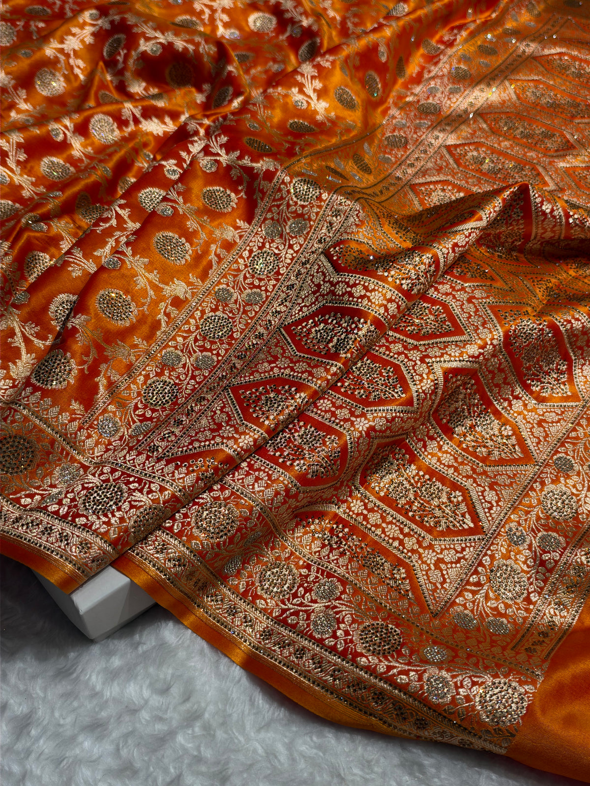 Gold With Swarovski Stone Work Jaal Pattern Satin Silk Saree BSS15