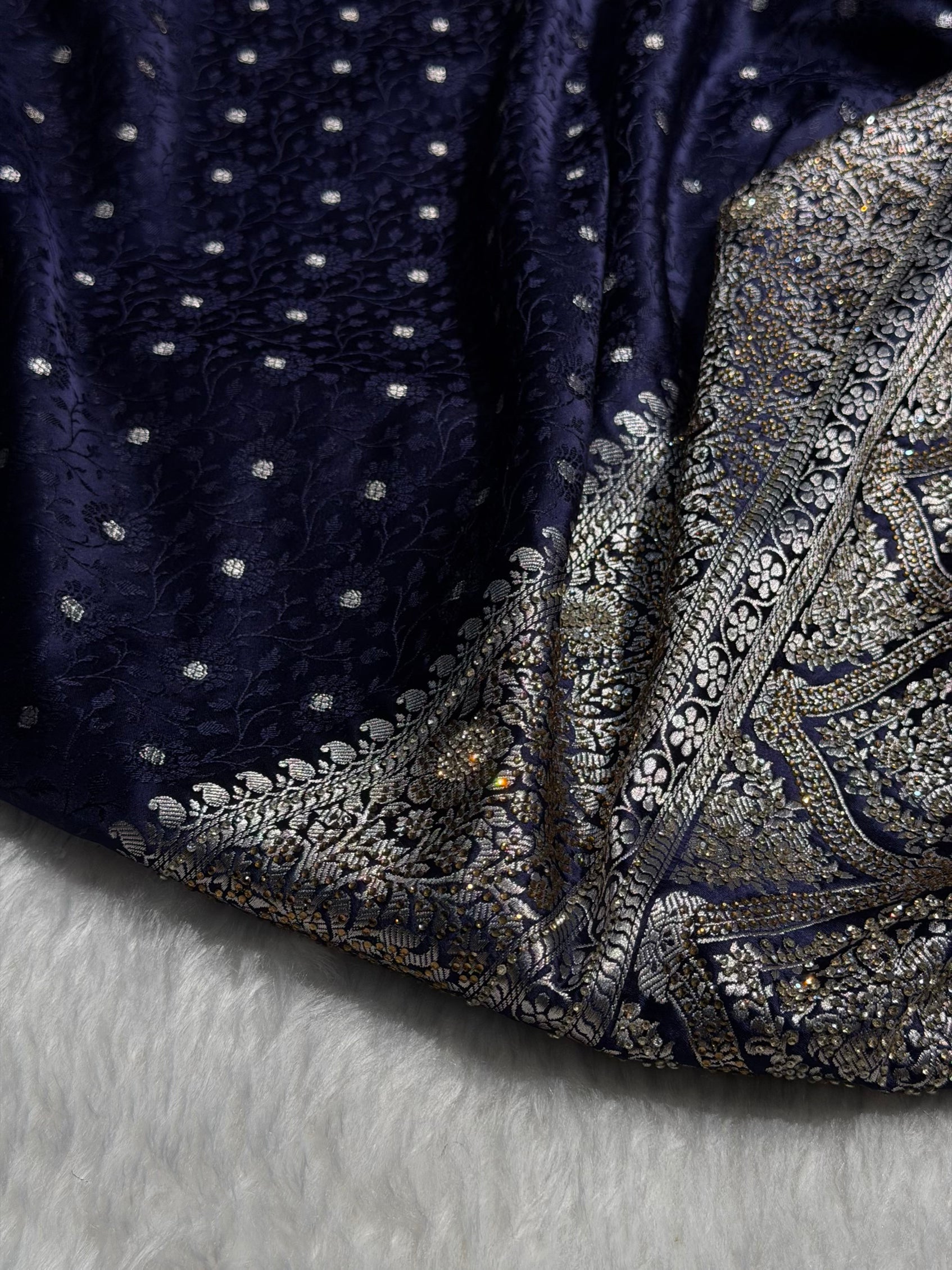 Navy Blue Shades Booti Tanchoi With White Swarovski Work Mashru Silk Saree BMS49