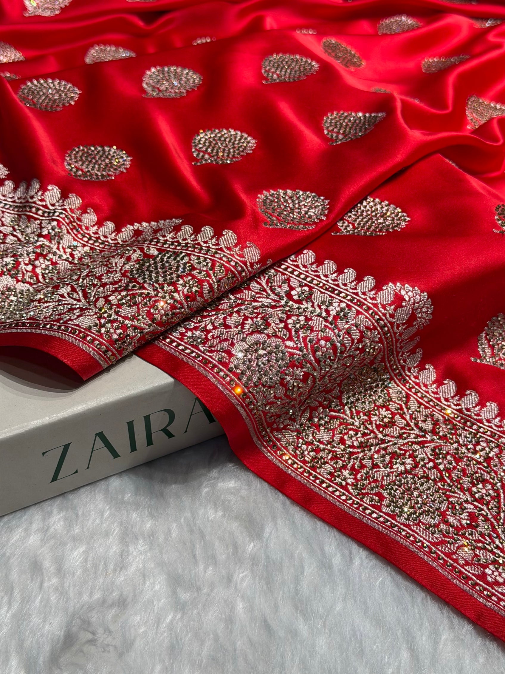 Red Tree Boota With Swarovski Work Mashru Silk Saree BMS19