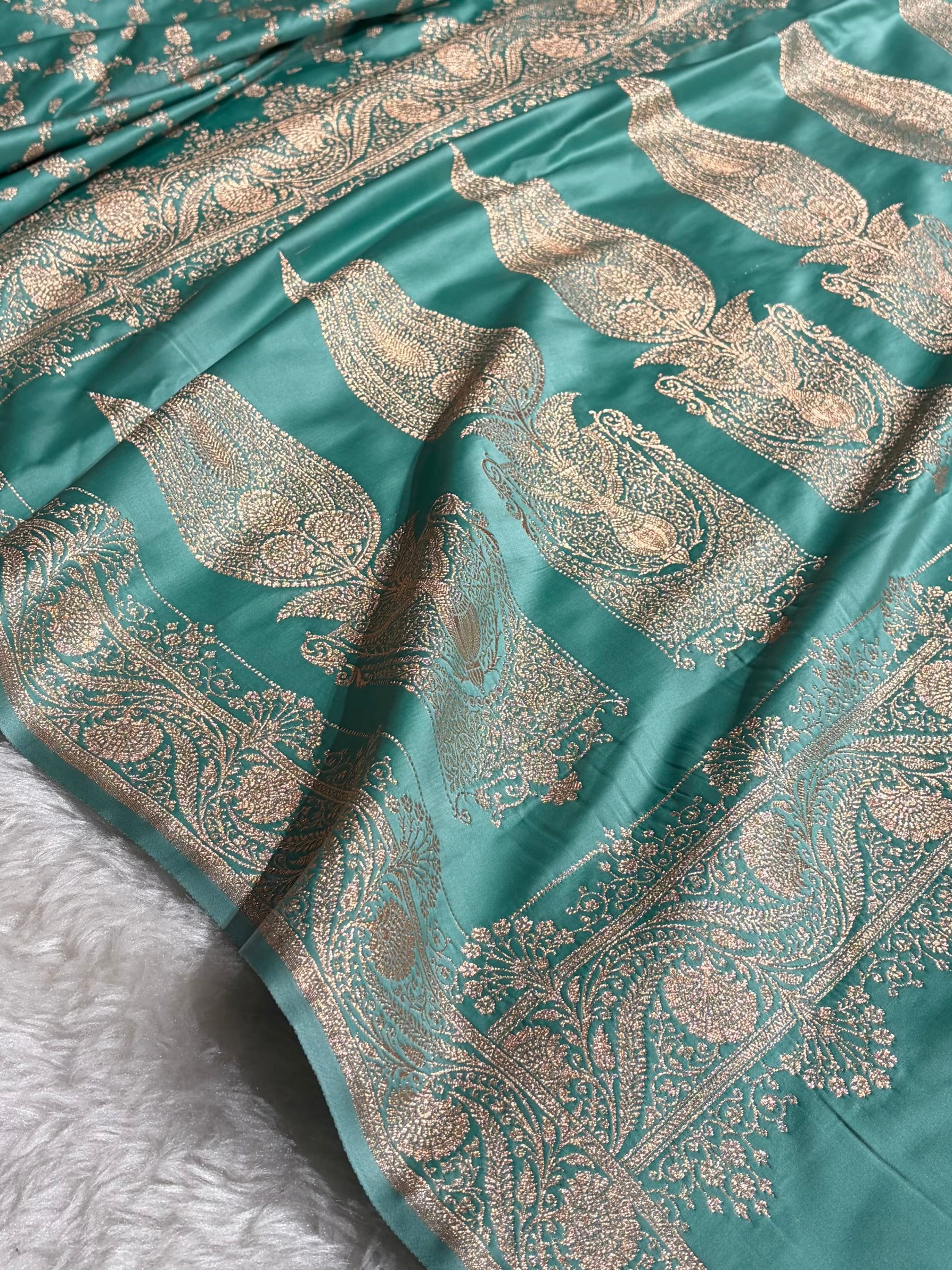 Banarasi Satin Katan Saree Jaal Pattern In Sea Green Shades SK133