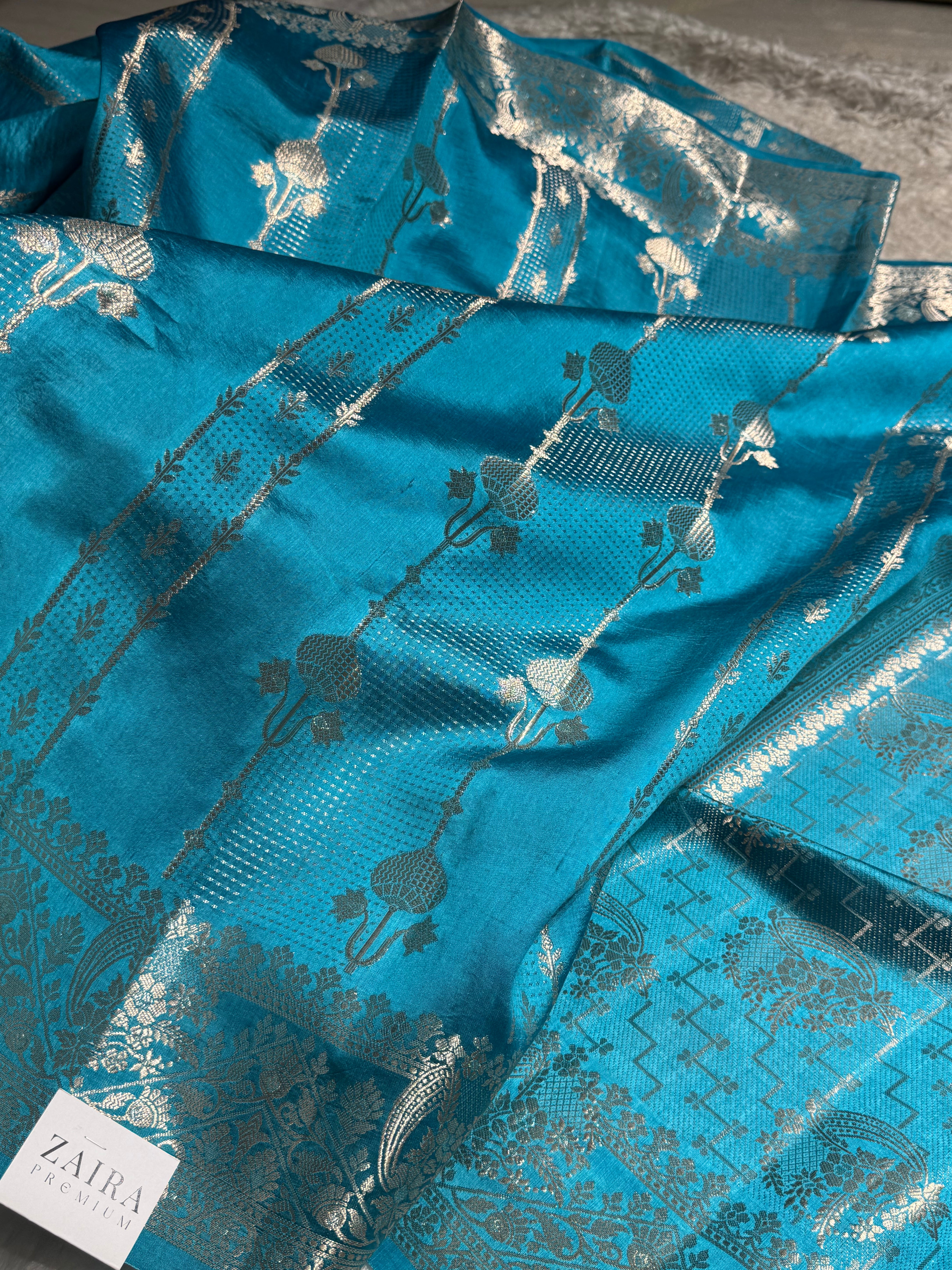Dusty Blue Shades Floral Strip Booti Pure Caramel Mango Silk Saree