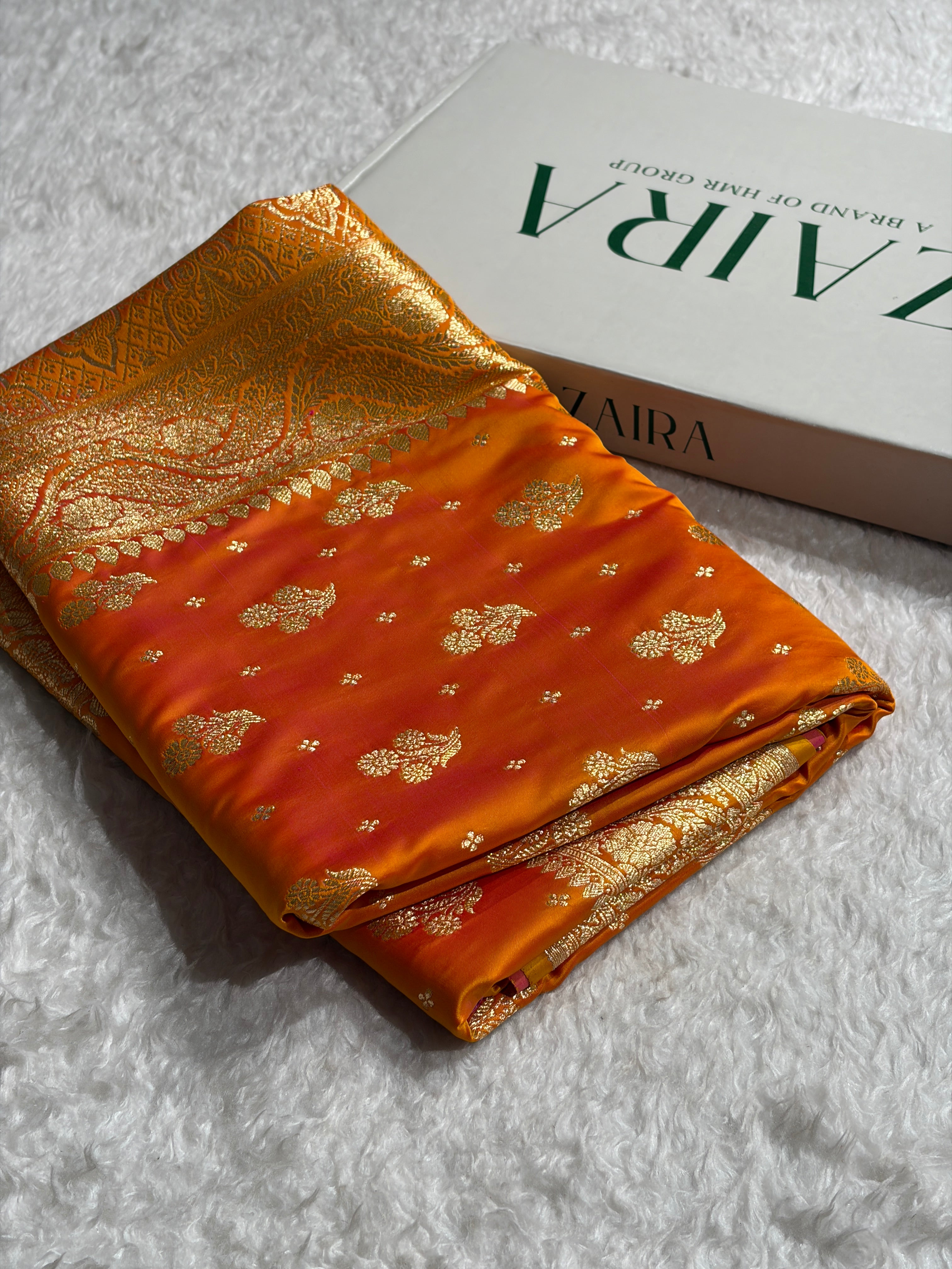 Fire Gold Floral Unique Boota Pattern Satin Katan Silk Saree SK73