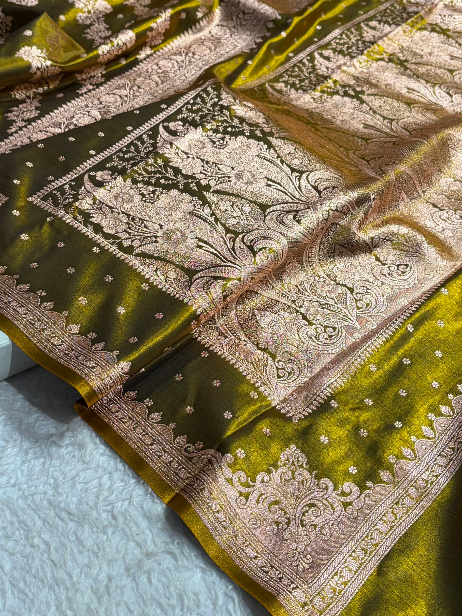 Satin Silk Saree Banarasi Cross with booti In Mehendi Shades SS22