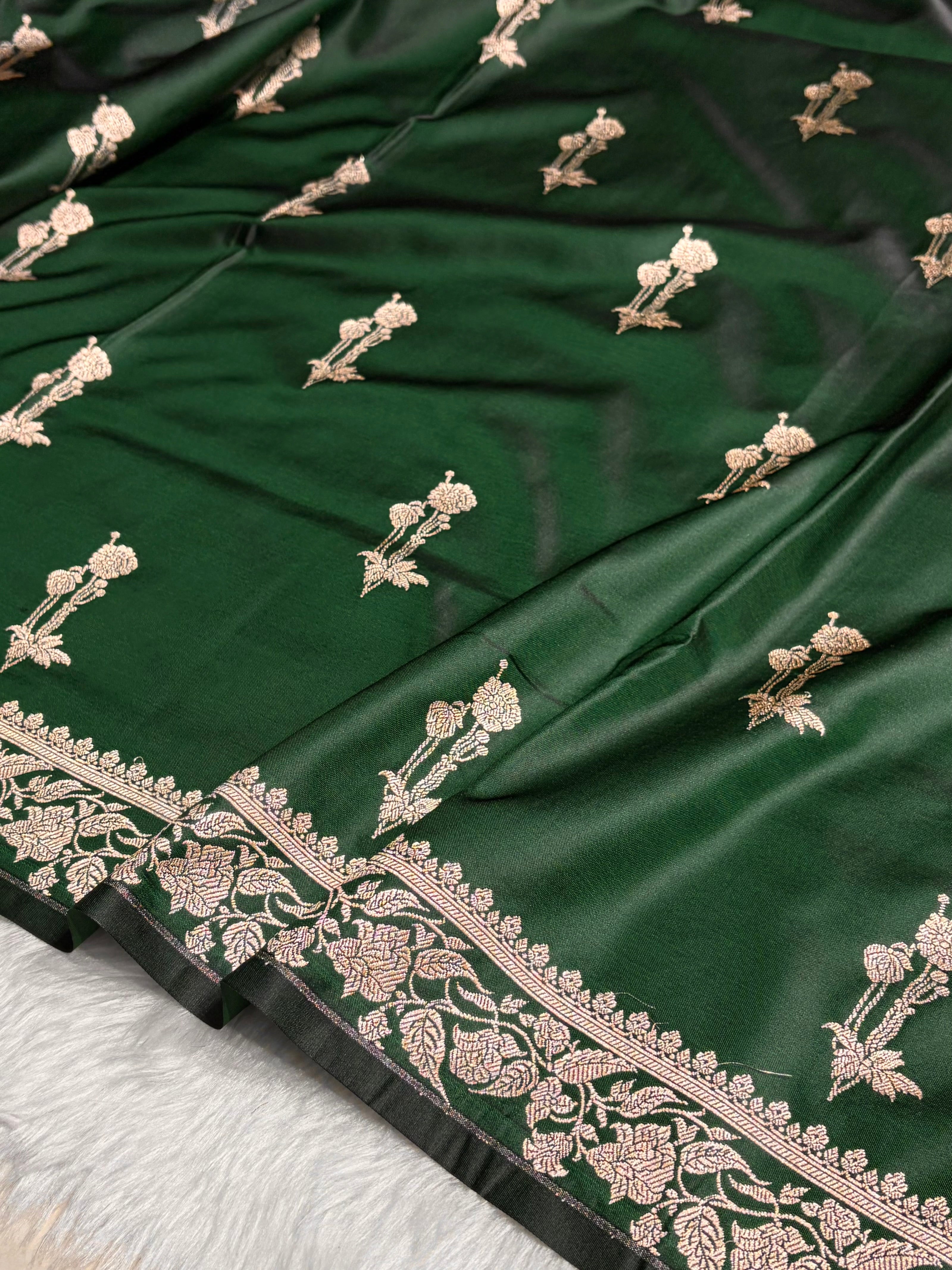Dark Bottle Green Boota With Floral Border Mashru Silk Saree MSM-92