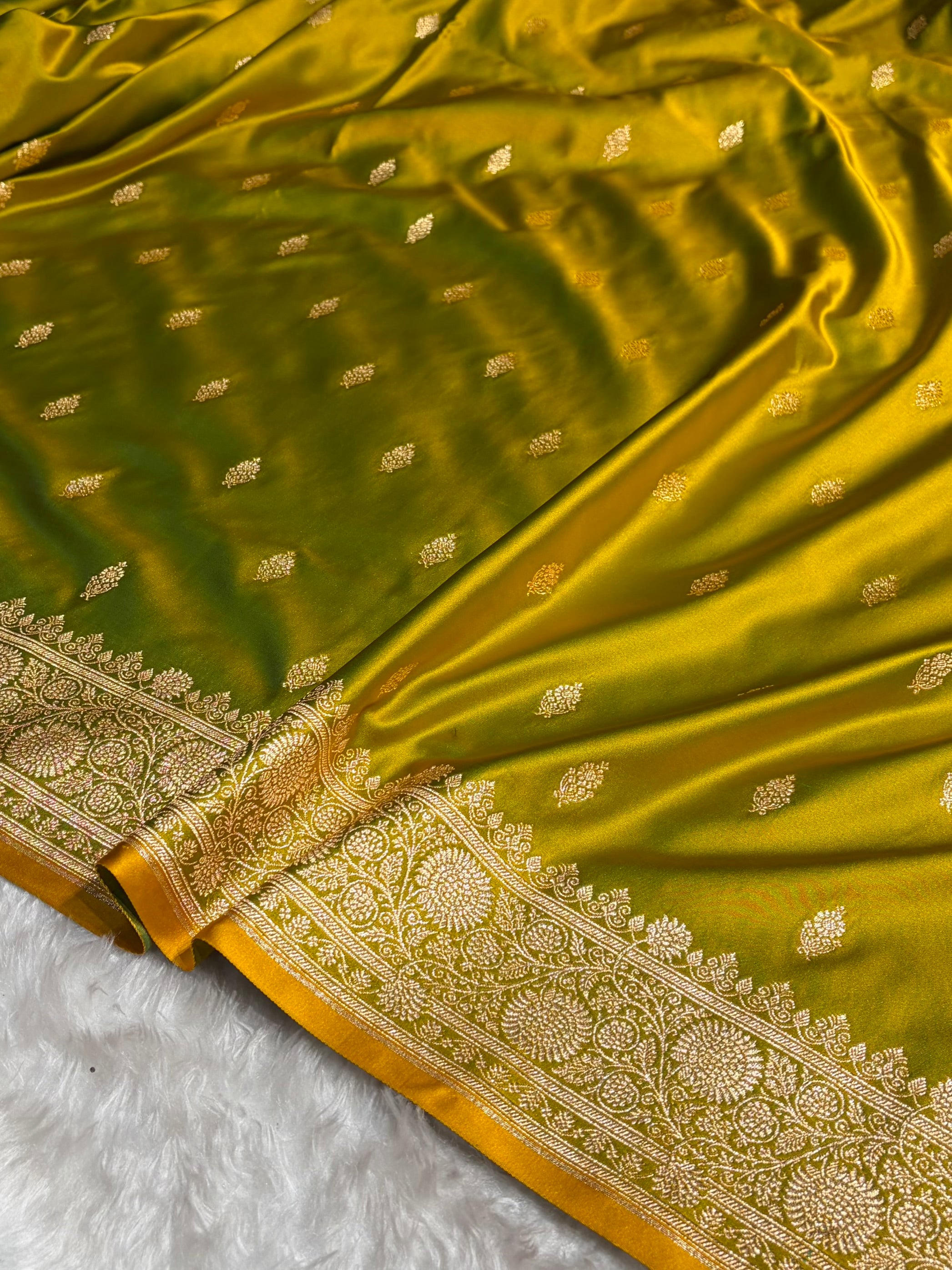 Banarasi Satin Katan Saree in Liril Mehendi Shades SK82