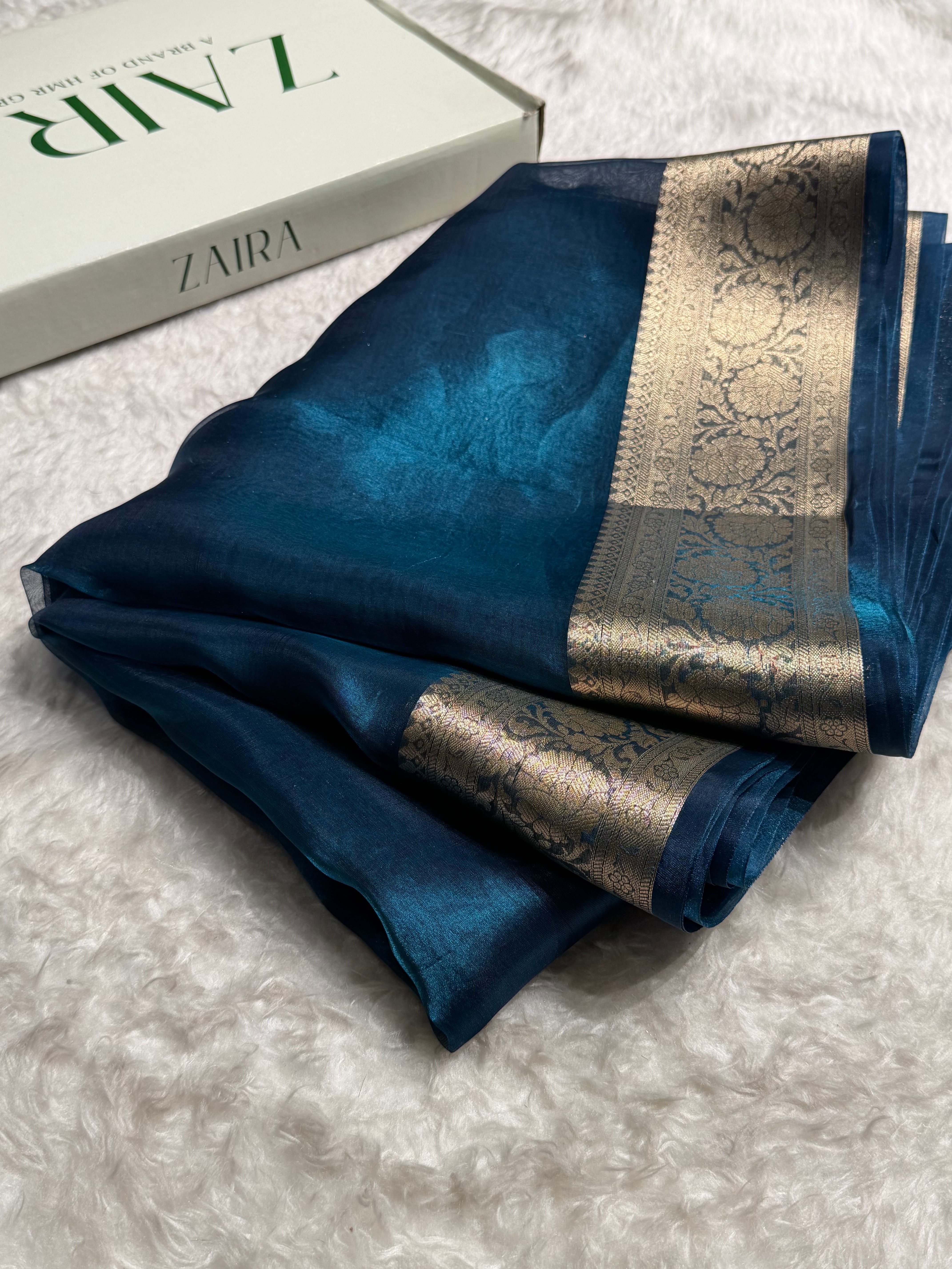 German Blue Shades Pure Tissue Silk Saree with Brocade Blouse PT-18
