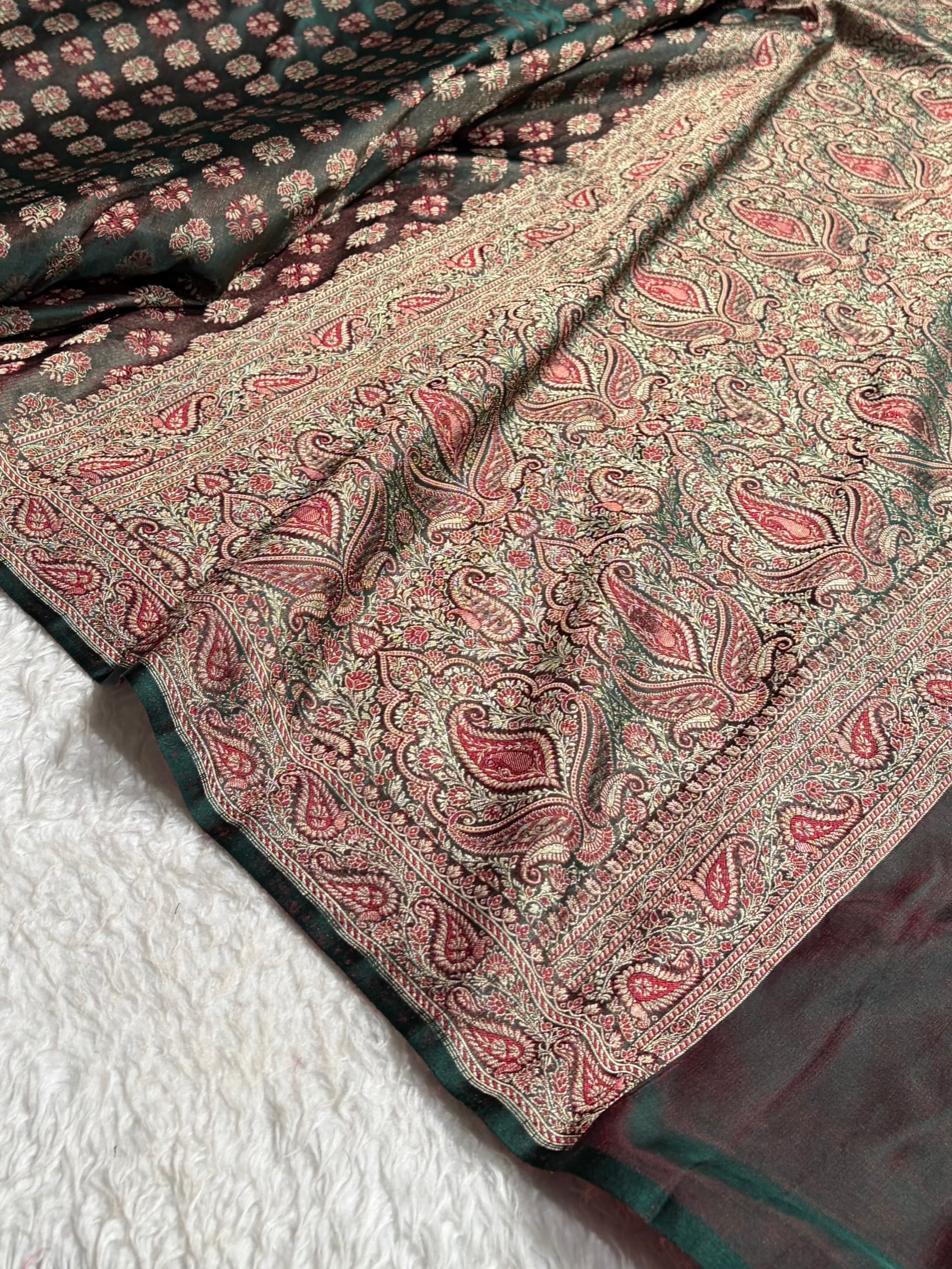 Dark Bottle Green Jamawar Tanchoi Jaal Katan Silk Saree SKTM-21