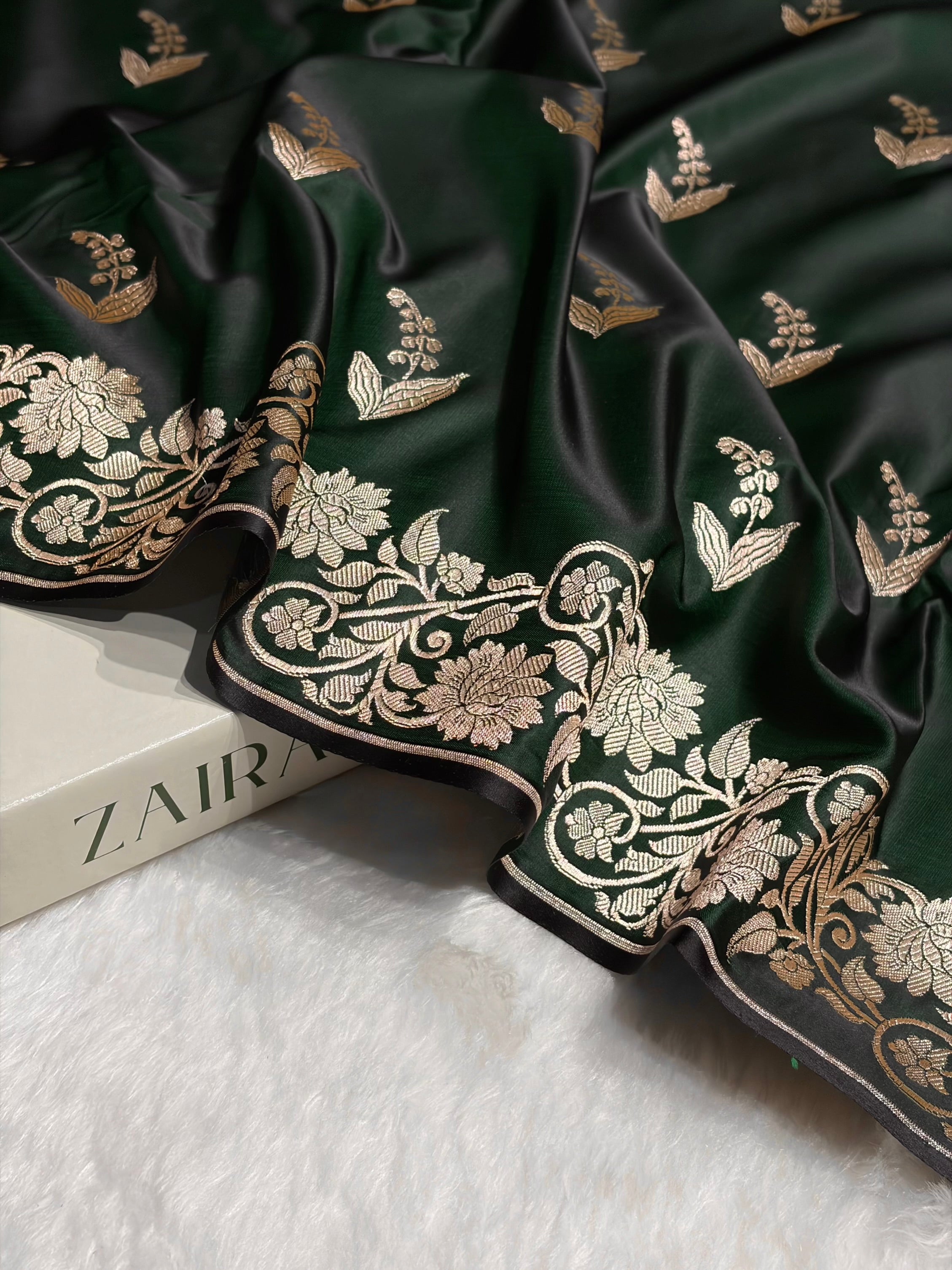 Dark Bottle Green Boota With Floral Border Mashru Silk Saree MSM-90