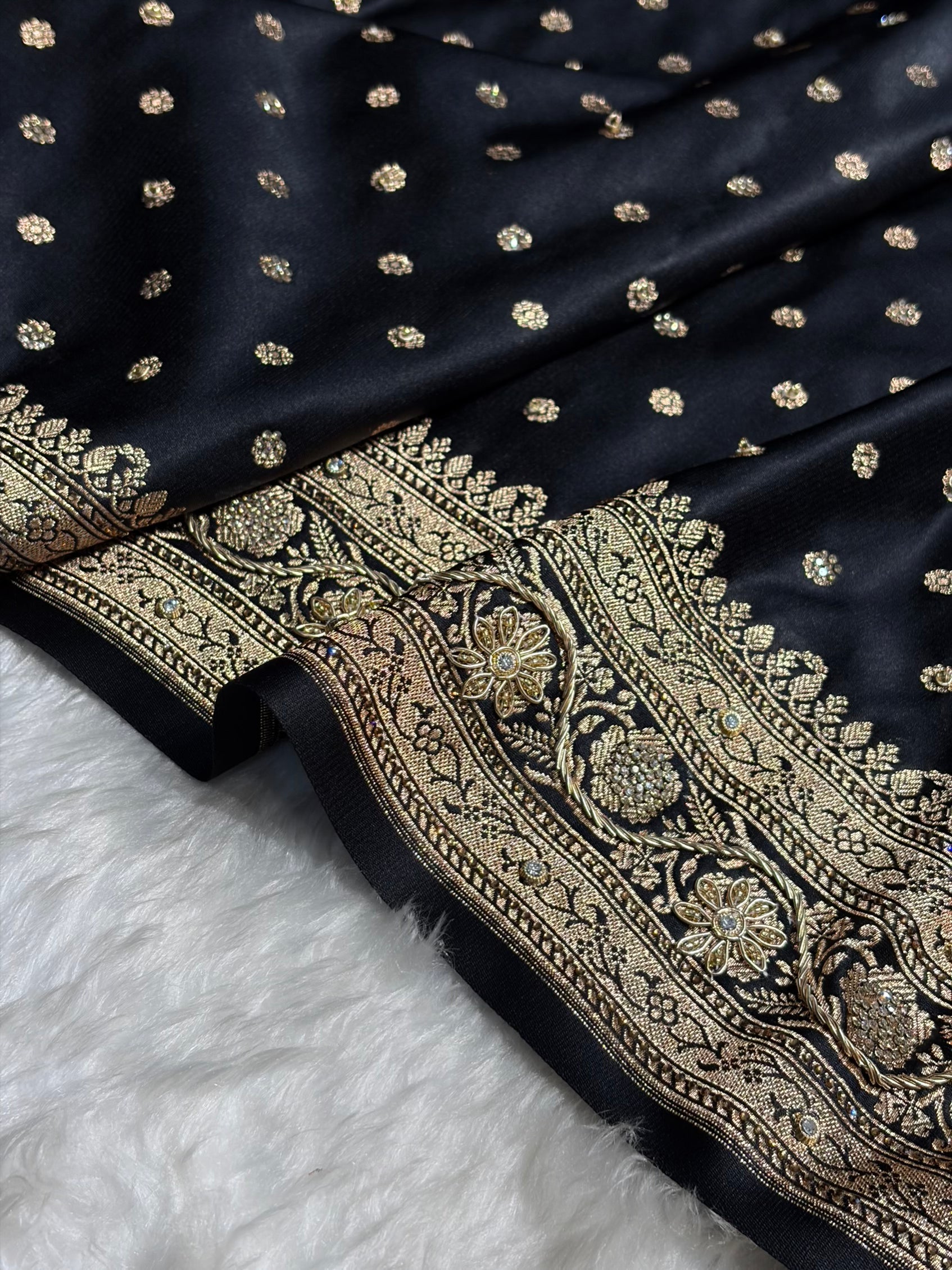 Banarasi Black Katan Silk Saree With Ari Zardozi and Swarovski stone work BSK01
