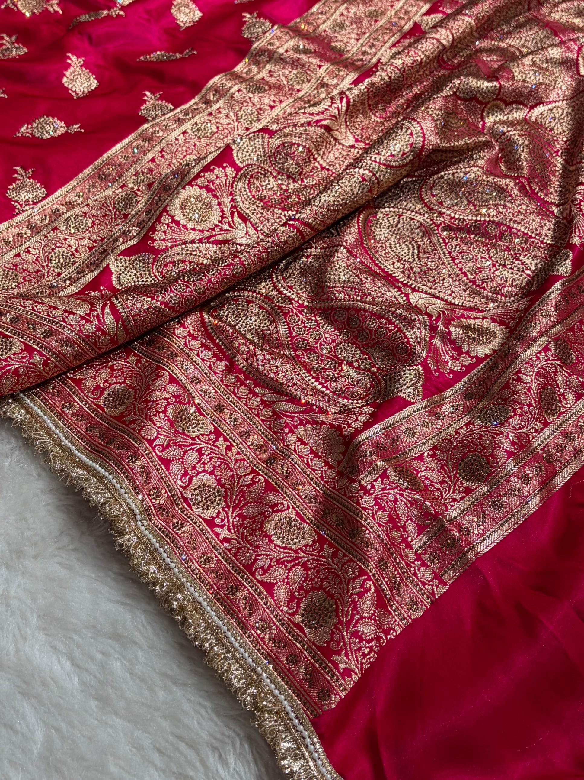 Satin Silk Saree Floral Boota With Swarovski & Gotta Patti Work in Cross Rani Shades BSSGP26