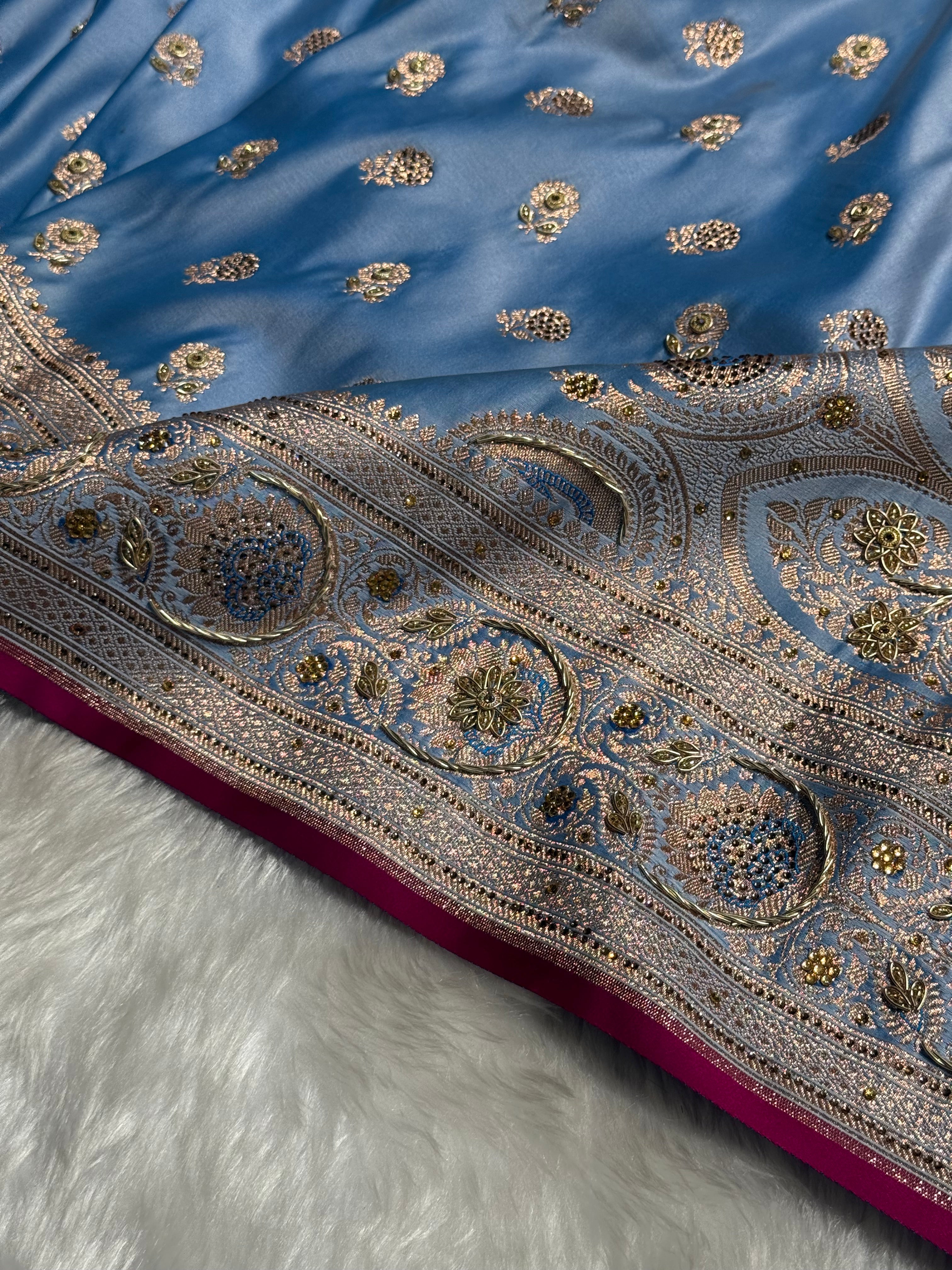 Powder Blue Shades Booti Katan Silk Saree with Stone & Zardozi Work BSK12