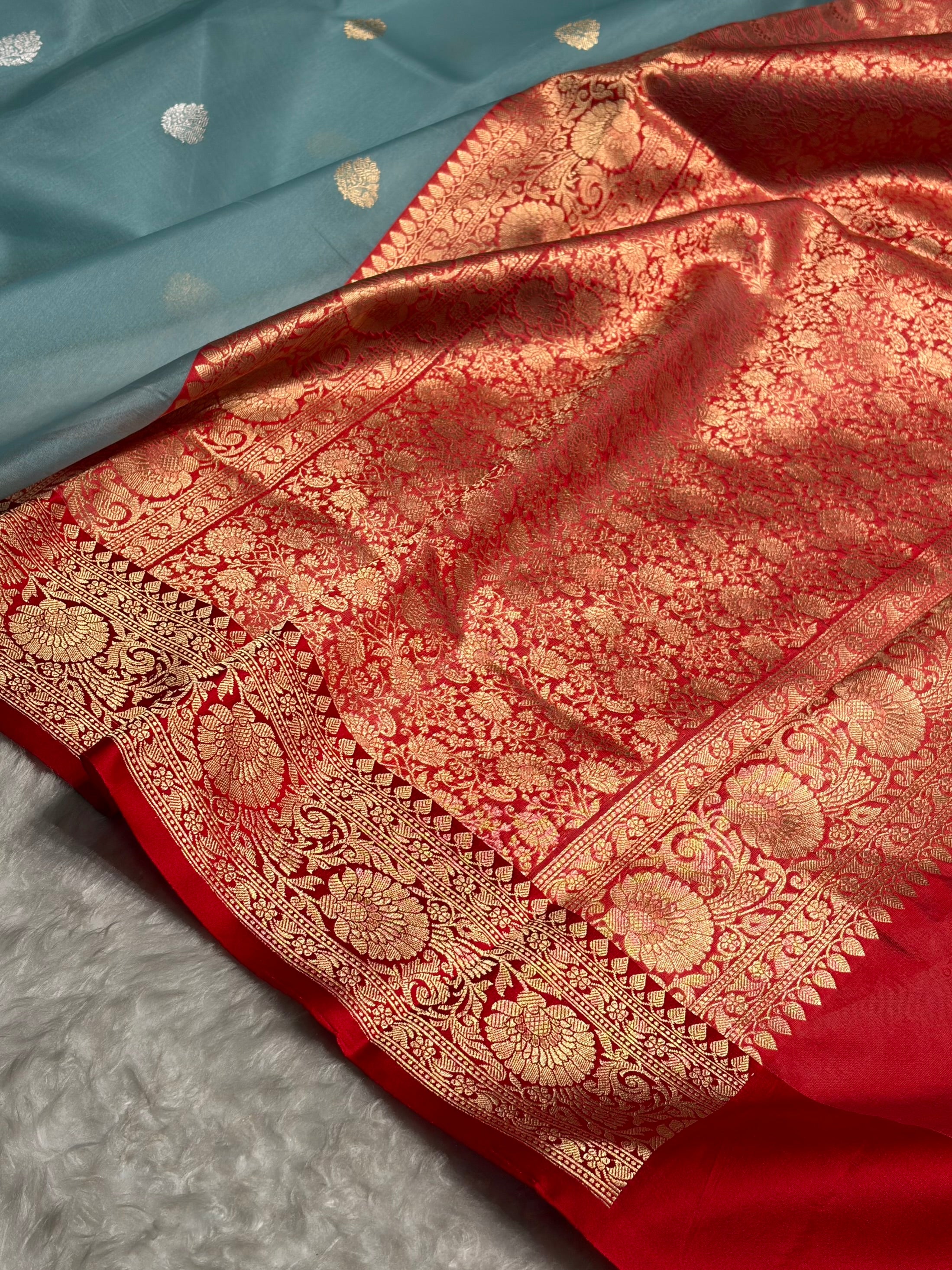 Contrast Pure Banarasi Organza Turquoise With Red Floral Banarasi Silk Saree PO-11