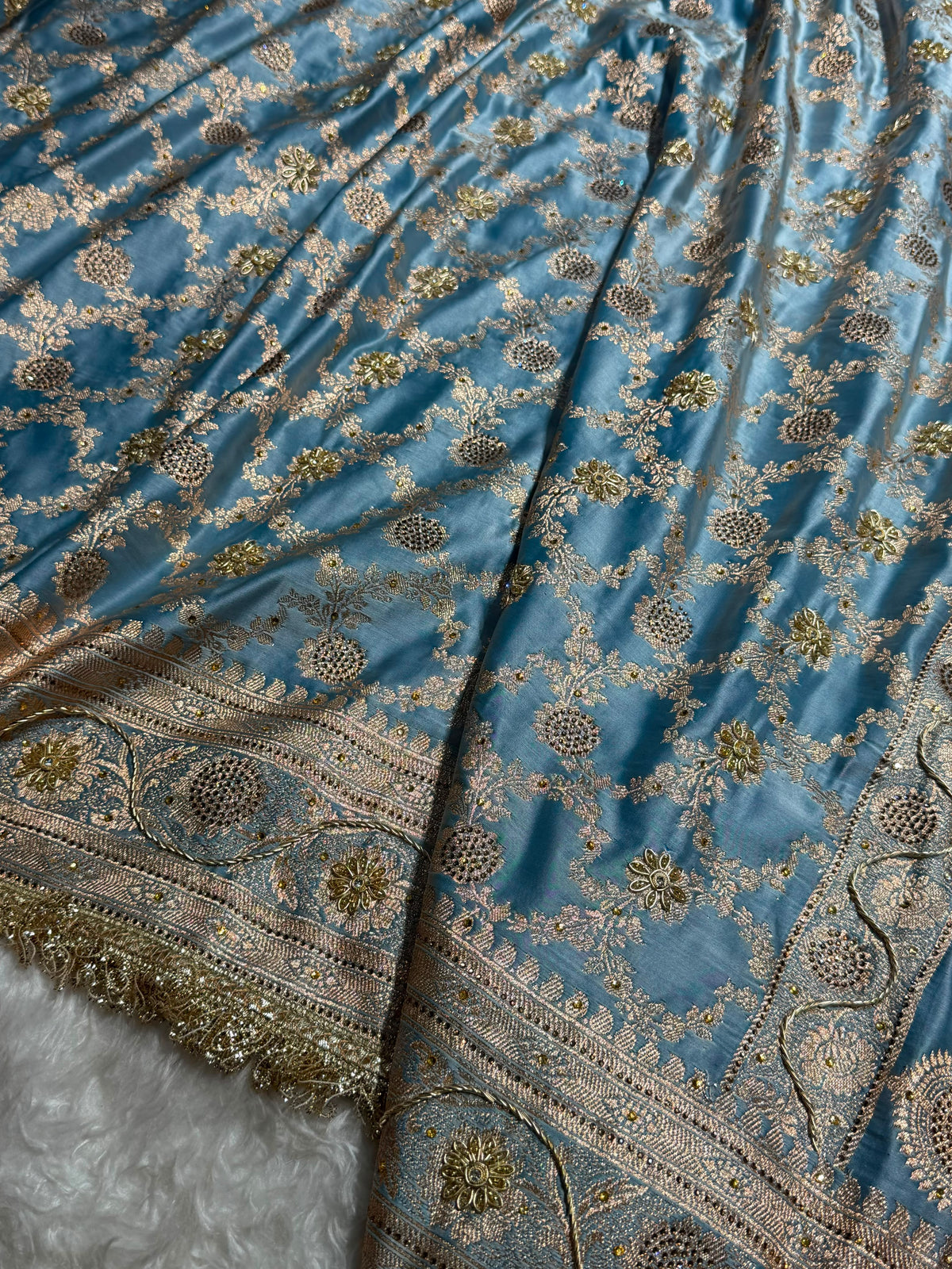 Pastel German Blue Swavroski & Zardozi Work With Gotta Patti Jaal Pattern Satin Katan Silk Saree BSKGP25